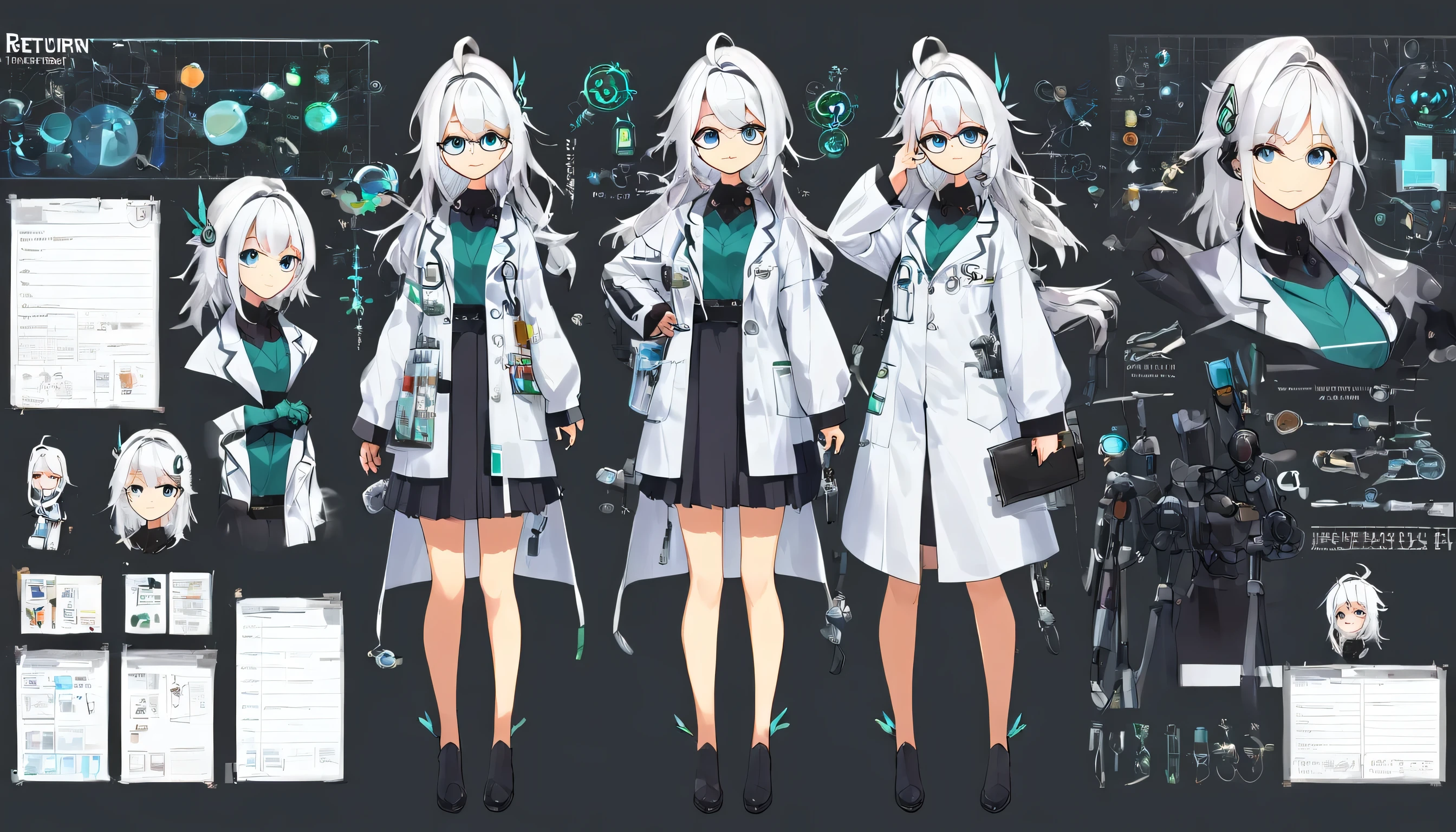 (masterpiece, highest quality), detailed, 1 Girl, ((Character Concept Art)), ((Character design sheet, same characters, front, ~ side, return)), Scientist Cybertick White Hair whole body Bad guy girl