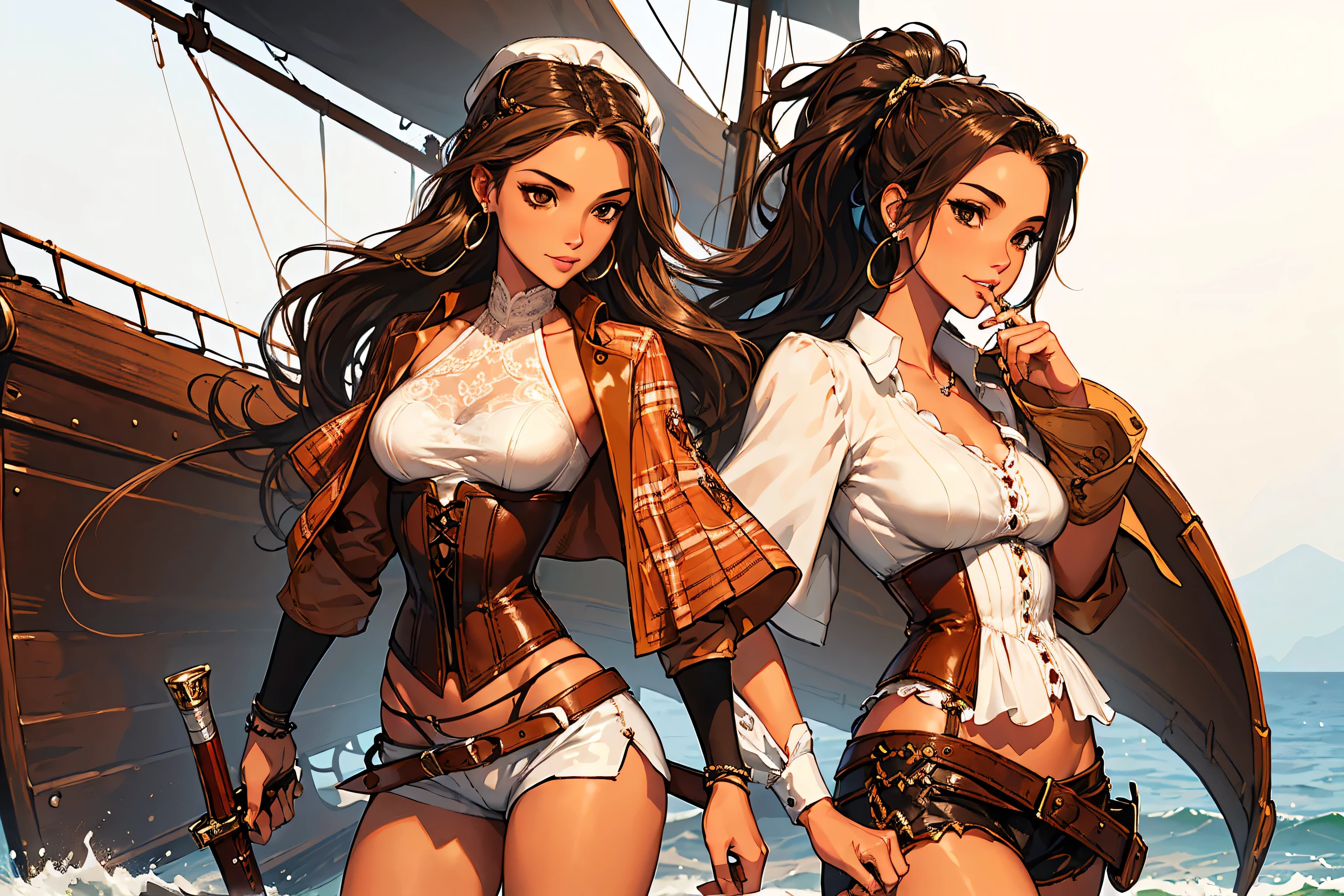 (masterpiece), best quality, expressive eyes, perfect face, (pirate ship background), (standing), (smirk), (closeup view), (1girl,white girl, tanned skin, brown hair, wavy hairstyle, brown eyes, hourglass figure, thin body, skinny body, petite_body, small breasts, thick thighs, long fingernails, brown plaid head wrap, white front lace blouse, long sleeve, loose fit, brown leather corset, brown leather shorts, brown boots, sheathed cutlass sword, flintlock pistol in holster, hoop earrings, miscellaneous jewelry)