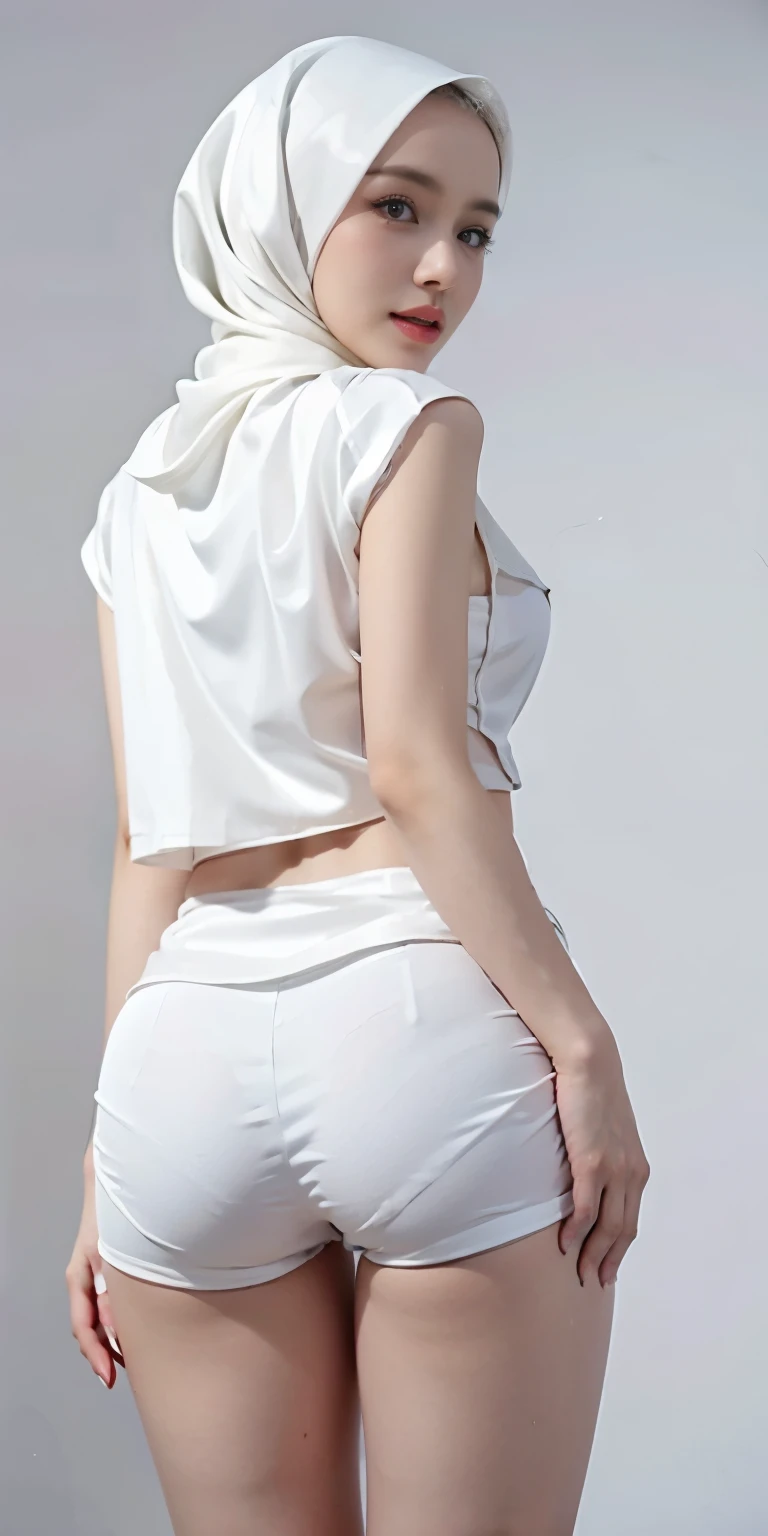 ung woman, Wearing peach hijab, cover her whole hair, Wearing white blouse (short blouse), Wearing satin skirt, slim waist, standing pose, white background, make-up, pale skinned, hijab, love, wet shiny skin, big breasts, (huge breast 1.6), close shot (4K quality), DSLR quality, butt facing camera, shot from behind