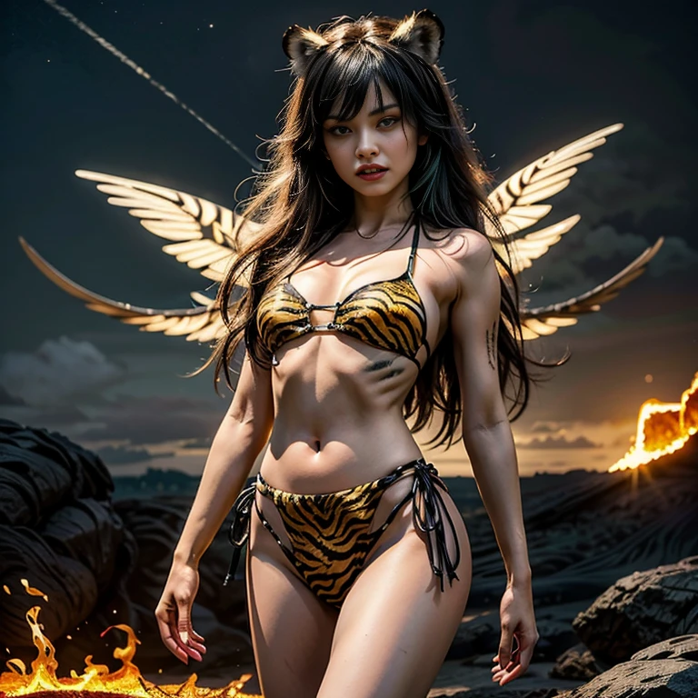 A young and extremely beautiful demon、(Cowboy Shot:1.4)、Beautifully detailed eyes、Beautifully detailed lips、Highly detailed eyes and face、Long eyelashes、Pale, delicate skin、Flowing green hair、(Green Eyes)、Grim expression、Subtle shadows and highlights、Vibrant colors、Elegant atmosphere、(Wearing a tiger print bandeau bikini:1.4)、(fly in the sky)、(Has small fangs and small horns:1.2)、(Make lava appear:1.4)、Urusei Yatsura no Ram Cosplay、Walking on lava