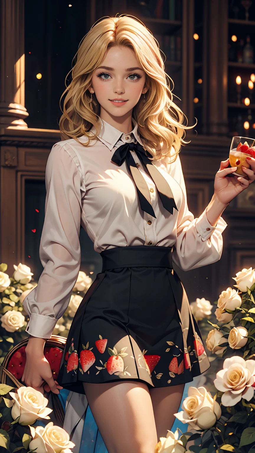 London、Jumper skirt with watercolor print of British white roses and strawberries、British woman in a high-neck ribbon blouse、White、Blonde、blue eyes、Wavy hair、Smile