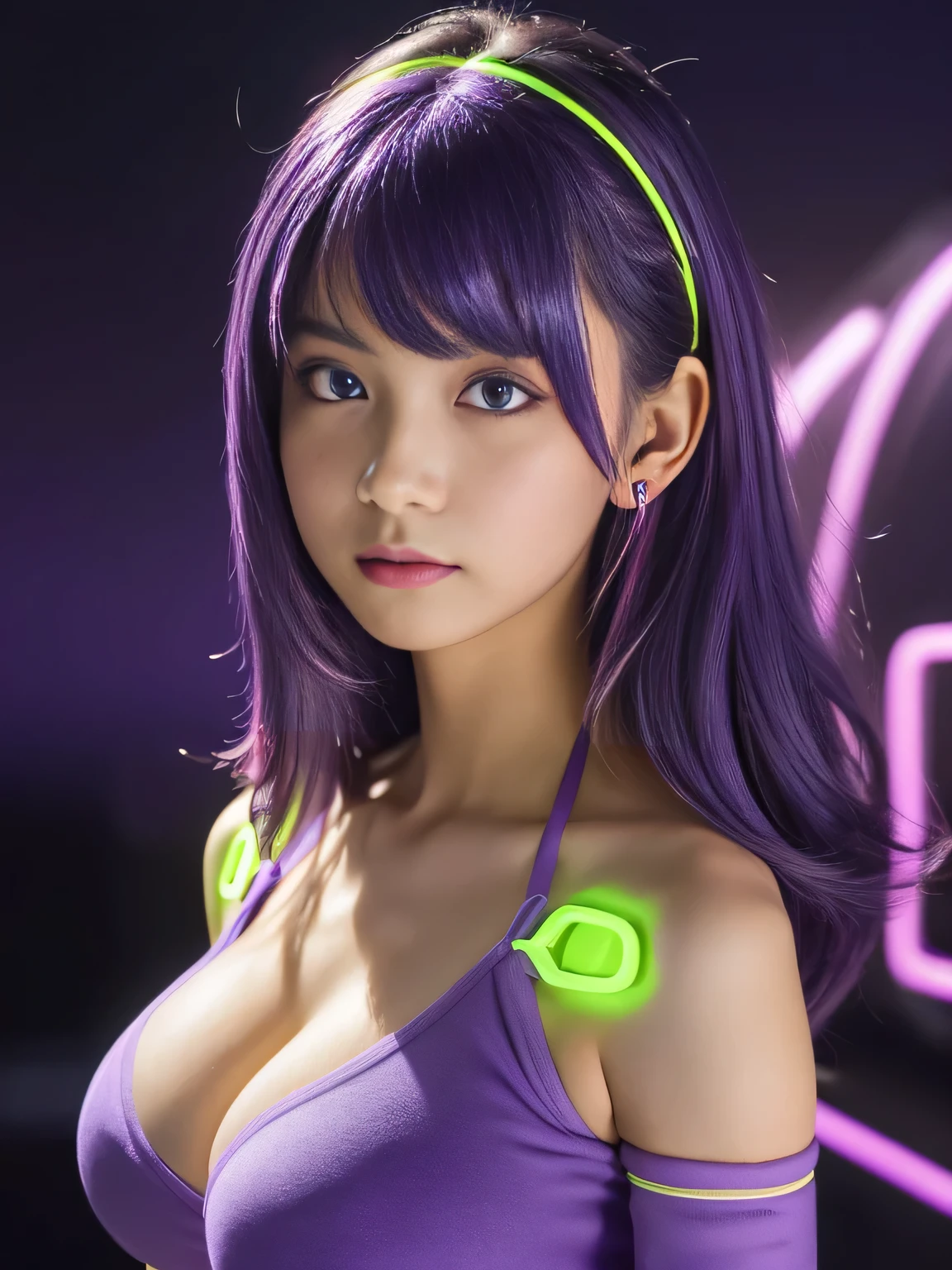 ,, junior high  breasts:1.4)、(Neon Purple Theme:1.2), masterpiece, highest quality, 4K, (Realistic), Bokeh, Awareness-raising,(1 perfect portrait of a girl), (A fascinating eye for perfect detail:1.2), Colorful Hair, (Gradient Hair), (Neon purple soft hair:1.6), (Cat ear:1.2), Fantasy Background, (Exposed bare shoulders), (Long-term alienation sleeve), (Lean forward slightly), Tilt your head, (Cinema Lighting:1.2), Larger clothes, (Seductive pose:1.4), (Neon Purple Background:1.6), beautiful purple eyes, close,