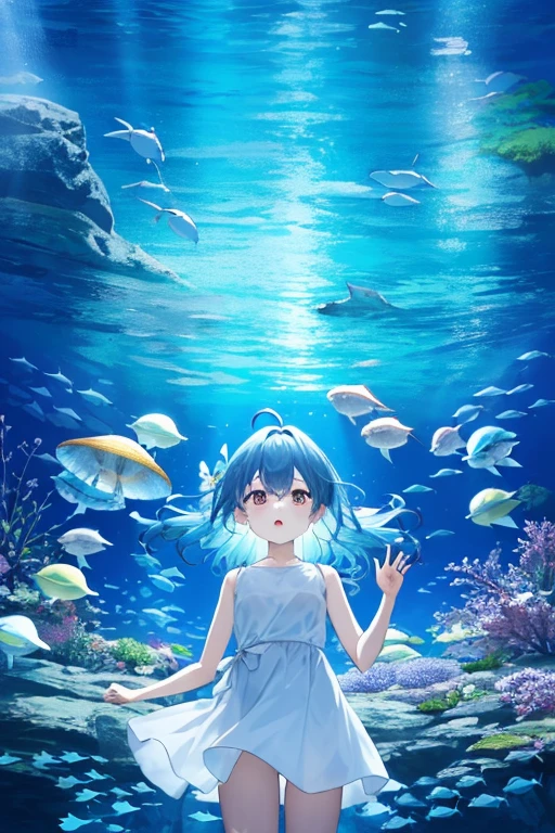 jellyfish、光るjellyfish、Aquarium、girl、In the water、Spreading hair、Aquarium、Light blue transparent hair color、colorful、Beautiful colors、Neon color、