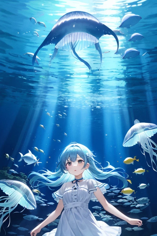 jellyfish、光るjellyfish、Aquarium、girl、In the water、Spreading hair、Aquarium、Light blue transparent hair color、colorful、Beautiful colors、Neon color、