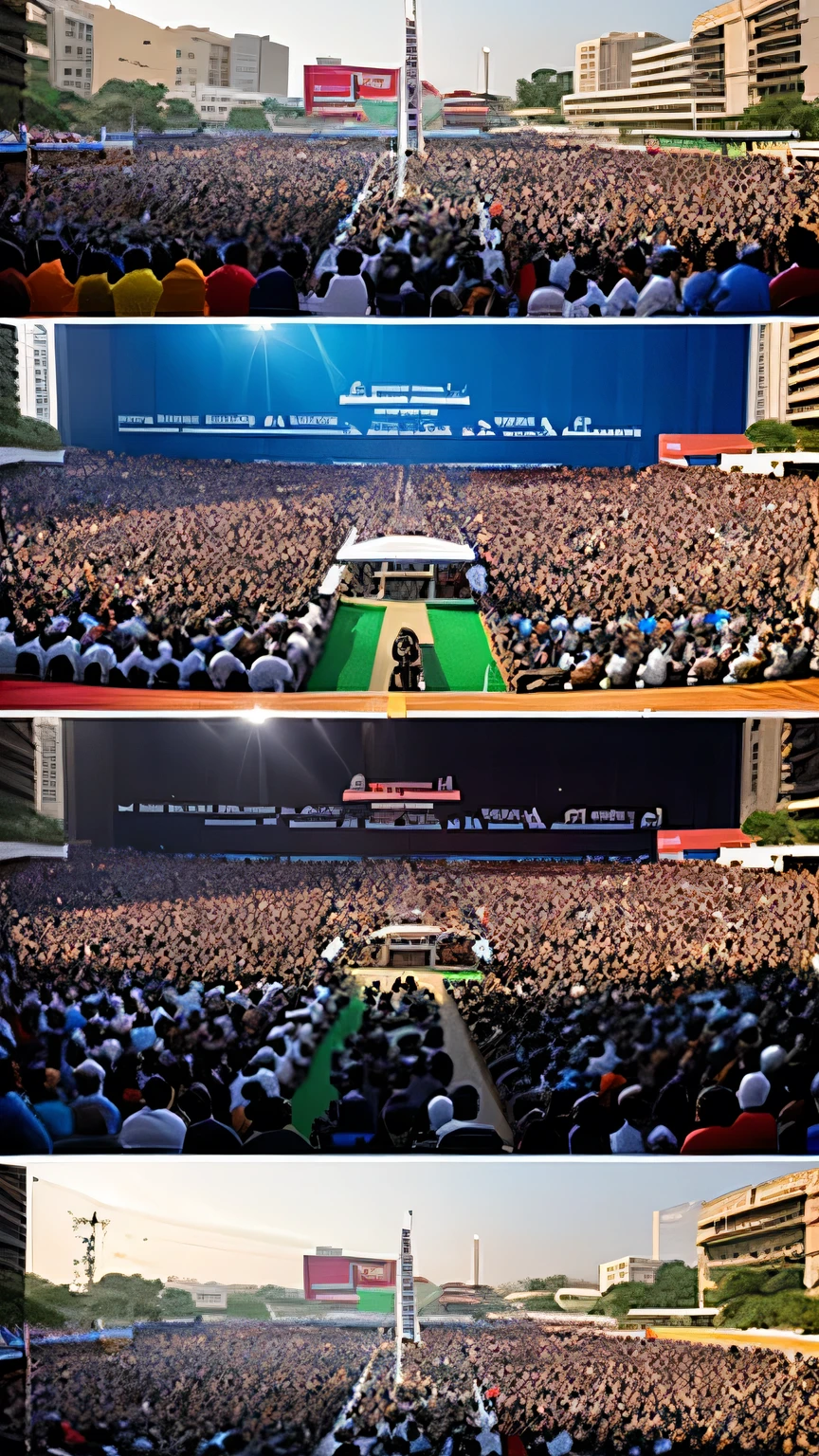 "Montage of election campaign activities, including rallies, speeches, and voter outreach programs in India"