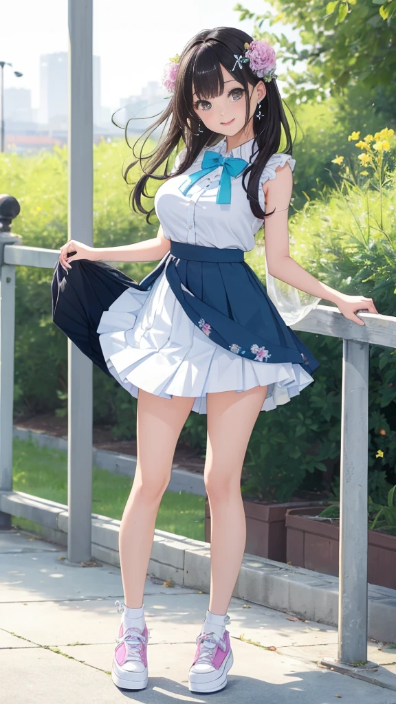 (masterpiece,high quality,High definition,High resolution,8k:1.4),Detailed Background、最high quality、Teenage Beauty((1 person))、Cute hairstyle、Huge breasts、smile、Fresh one-piece style、Choose a floral or pastel colored dress、Wear flat sandals or sneakers on your feet...、Add accents with basket bags and headbands、By incorporating bright spring colors and patterns,Creates a gorgeous and cute impression,(Beautiful pussy line:1.3),(Skirt Lift:1.6),(A little below),(Girls standing),(I don't wear panties)