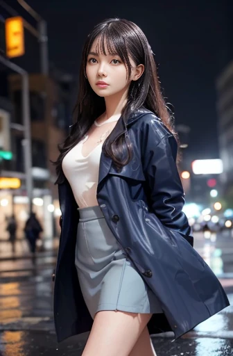 a lot of details, (slender waist), 30 years old, detailed black hair, beautiful detailed hair, super fucking beautiful, complex details beautiful and delicate eyes, perfect hands, (small breasts best quality), perfect and delicate limbs, detailed skin, best quality, ultra-detailed,
long focus, look up, walking motion, beautiful and detailed loong tail, beatiful detailed hair, angry, (Raincoat:1.2), (blue business suit),(gray skirt), high heels, (detailed wet clothes:1.2), cyan color scheme Clothes, (It was raining hard at night:1.2), busy street, best illuminate,