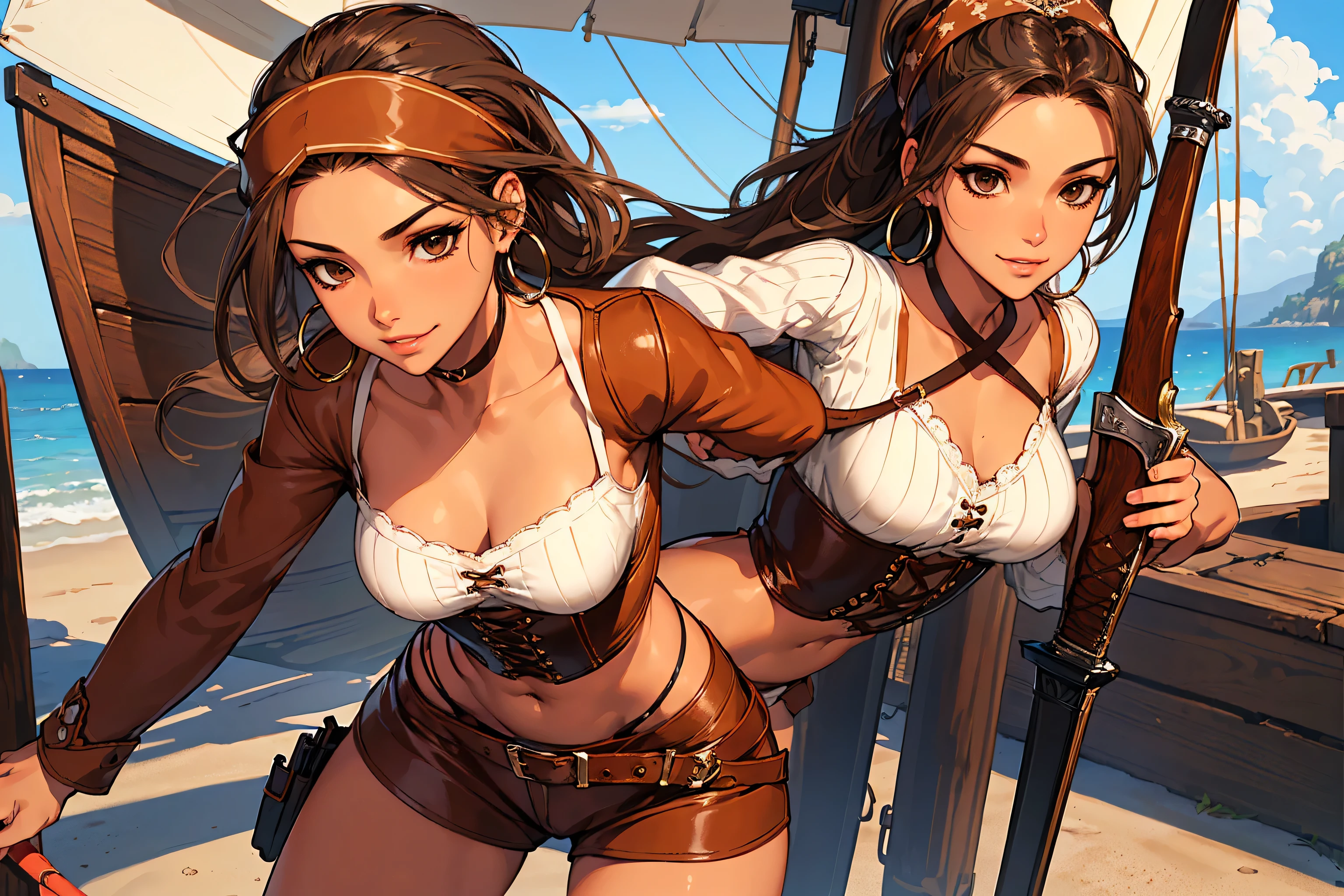 (masterpiece), best quality, expressive eyes, perfect face, (pirate ship background), (standing), (smirk), (closeup view), (1girl,white girl, tanned skin, brown hair, wavy hairstyle, brown eyes, hourglass figure, thin body, skinny body, petite_body, small breasts, thick thighs, long fingernails, brown plaid head wrap, white front lace blouse, long sleeve, loose fit, brown leather corset, brown leather shorts, brown boots, sheathed cutlass sword, flintlock pistol in holster, hoop earrings, miscellaneous jewelry)