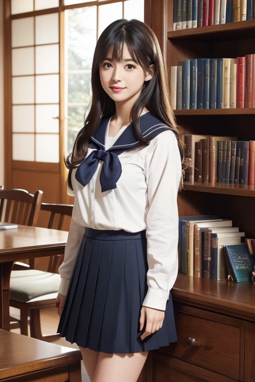 (highest quality、超A high resolution、8k、Raw photo、Ultra-high resolution:1.2、masterpiece:1.2)、(Realistic、Photorealistic:1.37)、Ultra-detailed、Professional Lighting、Photon Mapping、Radio City、Physically Based Rendering、Japanese、1 girl、solo、Black Hair、cute little、wonderful、cute、Normal breasts、Looking at the camera、A library full of books、I read a book、Japanese High 、(Japanese high school sailor uniform、Navy Pleated Skirt、White socks、Black Loafers)