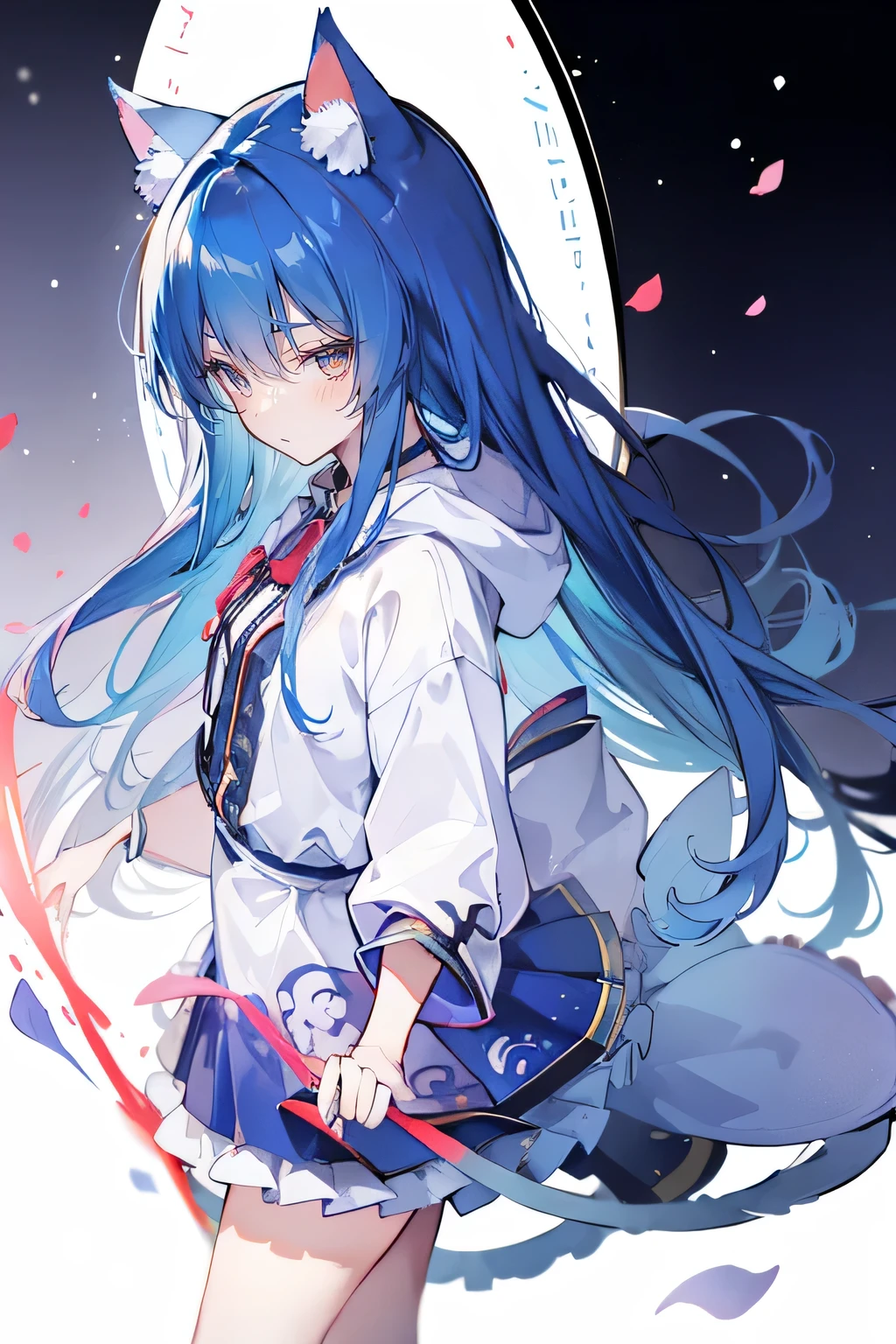 (masterpiece:1.2),Super detailed,lifelike,Expressive eyes,fair skin,perfect face shape,1 girl,
Japanese comics,Gorgeous blue hair,flowing blue hair,flowing clothes,Cat ears,Petals fall,beautiful lola,Baby Angel,
Shaking head with one hand,Cross your legs,Gentle and peaceful background,The pavilion is cool and comfortable,smile, wearing hoodie, background of tokyo,back views,snowing, winter.