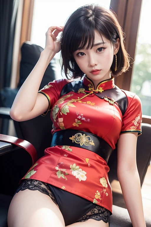 (((photorealistic))), ((realistic)), (ultra high definition), best quality, masterpiece, ray tracing, japanese female, ((super fine face)), 1 girl, cheongsam, upper body, looking at viewer, front view、legup、show her pantie、worst quality, low quality, blurry