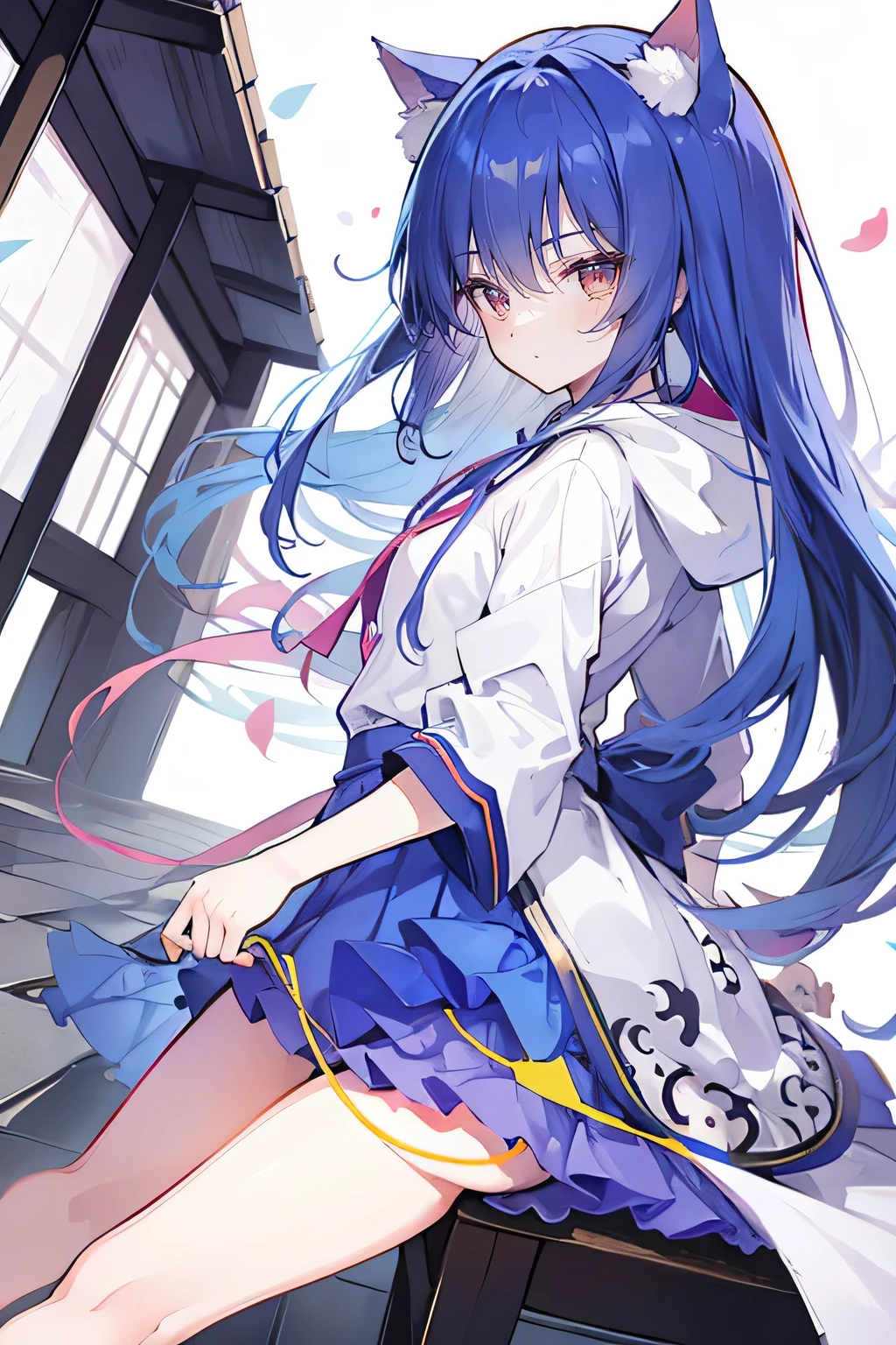 (masterpiece:1.2),Super detailed,lifelike,Expressive eyes,fair skin,perfect face shape,1 girl,
Japanese comics,Gorgeous blue hair,flowing blue hair,flowing clothes,Cat ears,Petals fall,beautiful lola,Baby Angel,
Shaking head with one hand,Cross your legs,Gentle and peaceful background,The pavilion is cool and comfortable,smile, wearing hoodie, background of tokyo,back views,snowing, winter.
