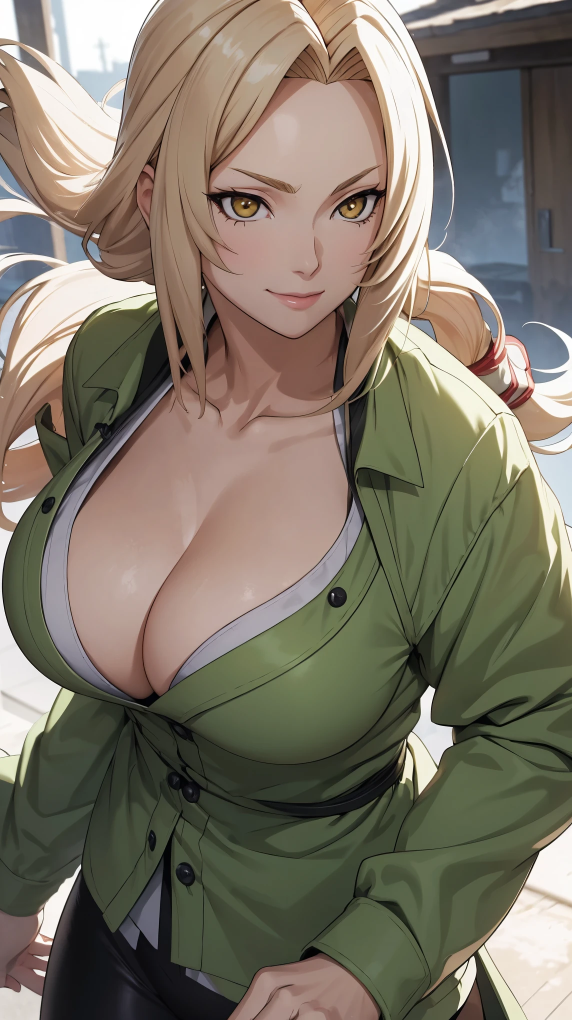 tmasterpiece,blond hairbl,Green coat,Golden eyes,ssmile,slightly fat big breasts,Be red in the face,Headwinds and sagging,best qualtiy,The is very detailed,Bust photo,Get close to the lens,Top-down view,with a good figure,
