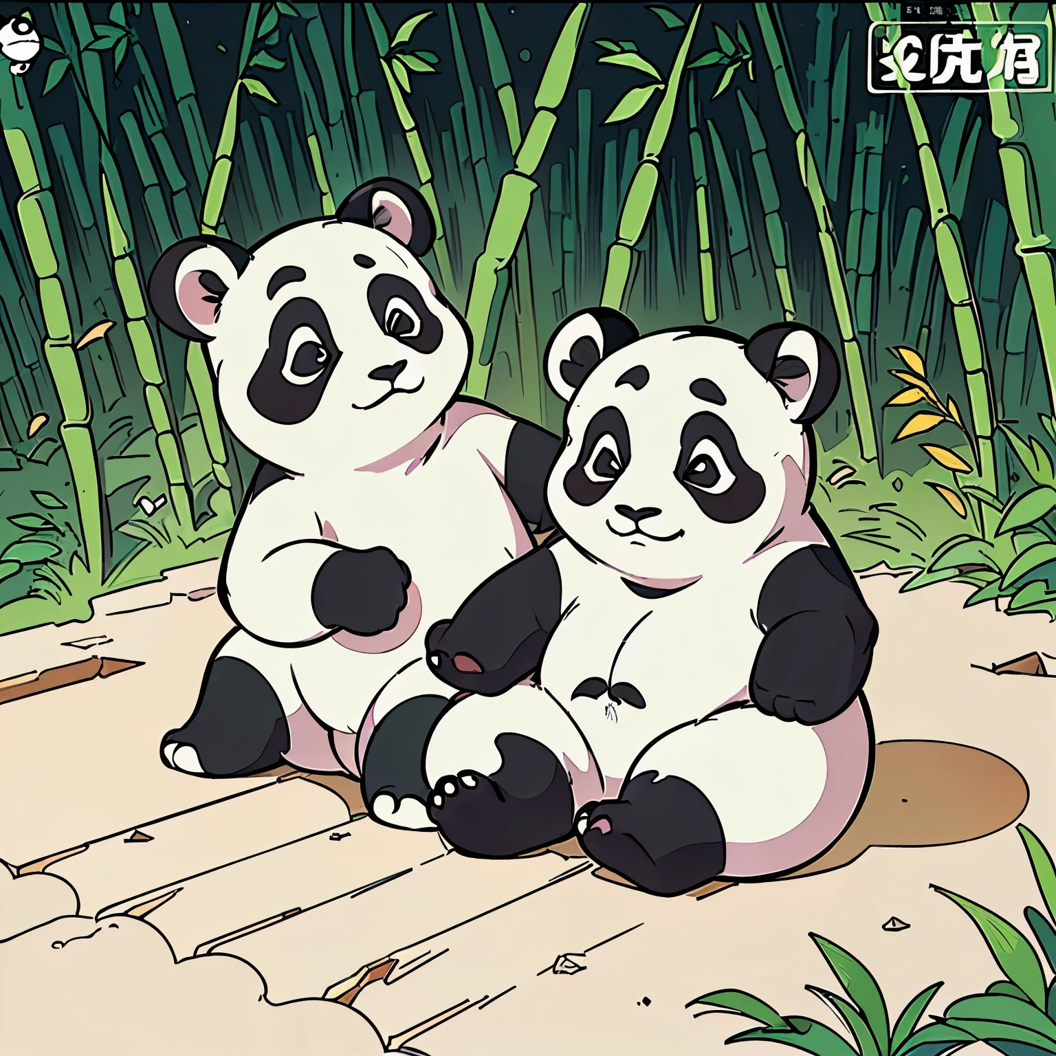 Masterpiece, coloring-book, line art, perfect line art, comic style, panda village, many pandas in bamboo-forest