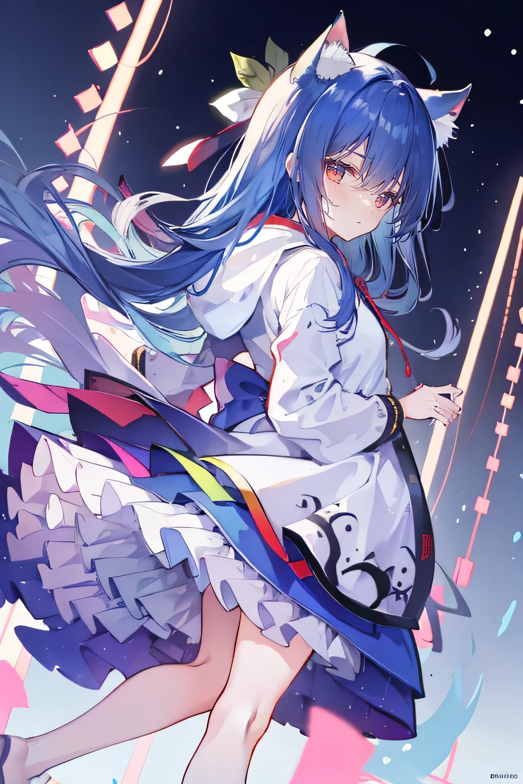 (masterpiece:1.2),Super detailed,lifelike,Expressive eyes,fair skin,perfect face shape,1 girl,
Japanese comics,Gorgeous blue hair,flowing blue hair,flowing clothes,Cat ears,Petals fall,beautiful lola,Baby Angel,
Shaking head with one hand,Cross your legs,Gentle and peaceful background,The pavilion is cool and comfortable,smile, wearing hoodie, background of tokyo,back views,snowing, winter.