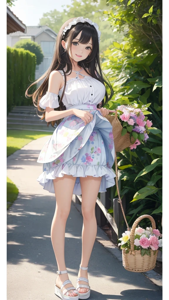 (masterpiece,high quality,High definition,High resolution,8k:1.4),Detailed Background、最high quality、Teenage Beauty((1 person))、Cute hairstyle、Huge breasts、smile、Fresh one-piece style、Choose a floral or pastel colored dress、Wear flat sandals or sneakers on your feet...、Add accents with basket bags and headbands、By incorporating bright spring colors and patterns,Creates a gorgeous and cute impression,(Beautiful pussy line:1.6),(Skirt Lift:1.6),(A little below),(Girls standing),(I don't wear panties)
