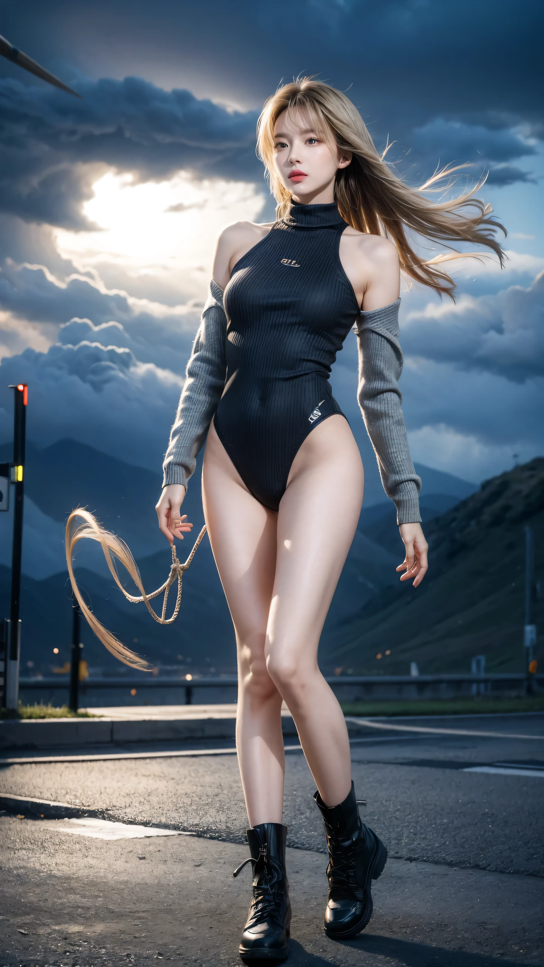masterpiece, best quality, sour, Gray sweater, Black tights, twist, Rotation, Blonde hair, Super hero, boots, tornado, Rotationwind, Solitary, Bare legs, Rotation, influence of wind, Rotationning into a tornado, fast Rotation, Standing, Time Travel, Travel through time, High Legs, Perfect hands, Perfect hands指, High Legs leotard, Power, tornado swirls