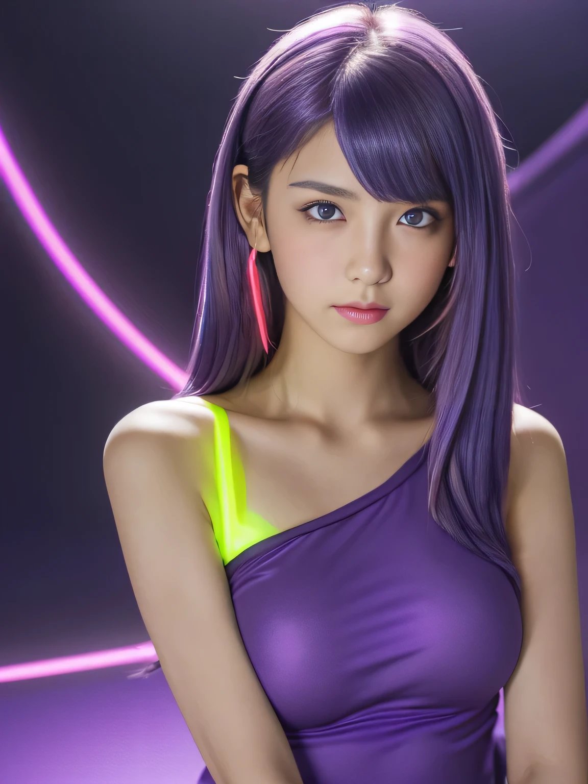 ,13 years old, junior high school girl, (huge breasts:1.4)、(Neon Purple Theme:1.2), masterpiece, highest quality, 4K, (Realistic), Bokeh, Awareness-raising,(1 perfect portrait of a girl), (A fascinating eye for perfect detail:1.2), Colorful Hair, (Gradient Hair), (Neon purple soft hair:1.6), (Cat ear:1.2), Fantasy Background, (Exposed bare shoulders), (Long-term alienation sleeve), (Lean forward slightly), Tilt your head, (Cinema Lighting:1.2), Larger clothes, (Seductive pose:1.4), (Neon Purple Background:1.6), beautiful purple eyes, close,