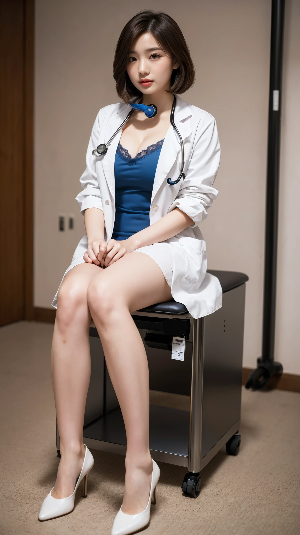 ((full body)), highest quality, Very detailed, In detail, High resolution, 8k wallpaper, Beautiful fine details, (Professional lighting, light on face), ((1 girl)), cute little, (perfect slim body), looking at viewer, Beautiful detailed girl, (Detailed fingers), extremely detailed eye and face, beautiful detailed nose, Beautiful detailed eyes, high school girl, ((brown hair, bob hair, short hair, semi long hair, hair sidelocks)), breast, cleavage, soft, (wearing doctor style dress and white lab coat), (hold stethoscope), (wearing pumps), (sitting work chair on hospital ward background), show both legs and pumps, medical fetish,