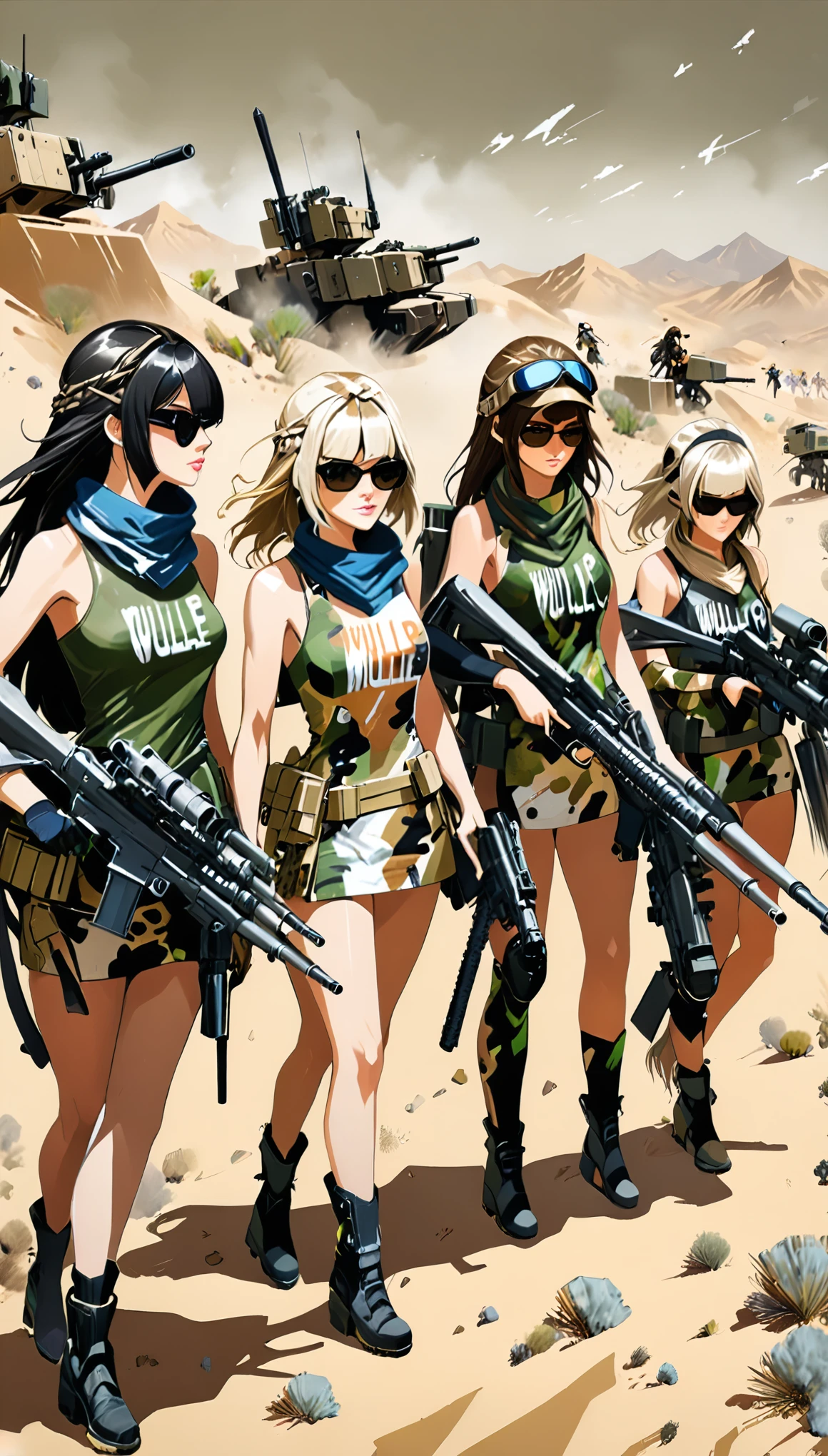 Masterpiece,Best Quality,Hyper Detailed,Intricate Detail,Dark Intense Shadows,
(in style of Ashley Wood:1.4),desert camouflage,(desert style:0.6),(multiple_girls:3.6),(multi girls poster design:3.1),(heavy weapons:1.9),(poster design:2.2),brunette,hair,streaked hair,blond,sunglasses,bandana,metal bulletproof helmet,dynamic action,animated emoticons,