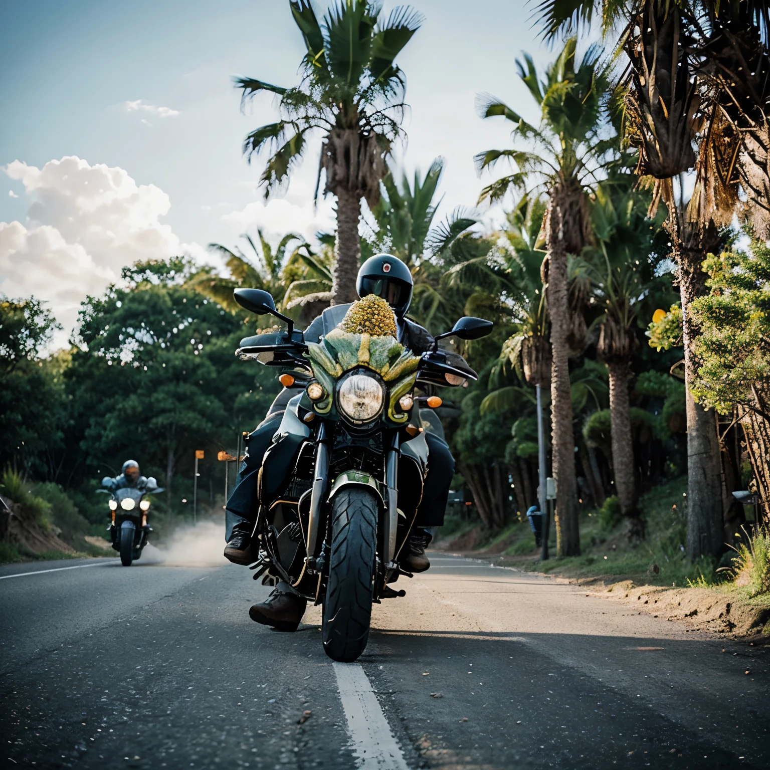 Motorcycles running over pineapples. Can you make a picture like this?