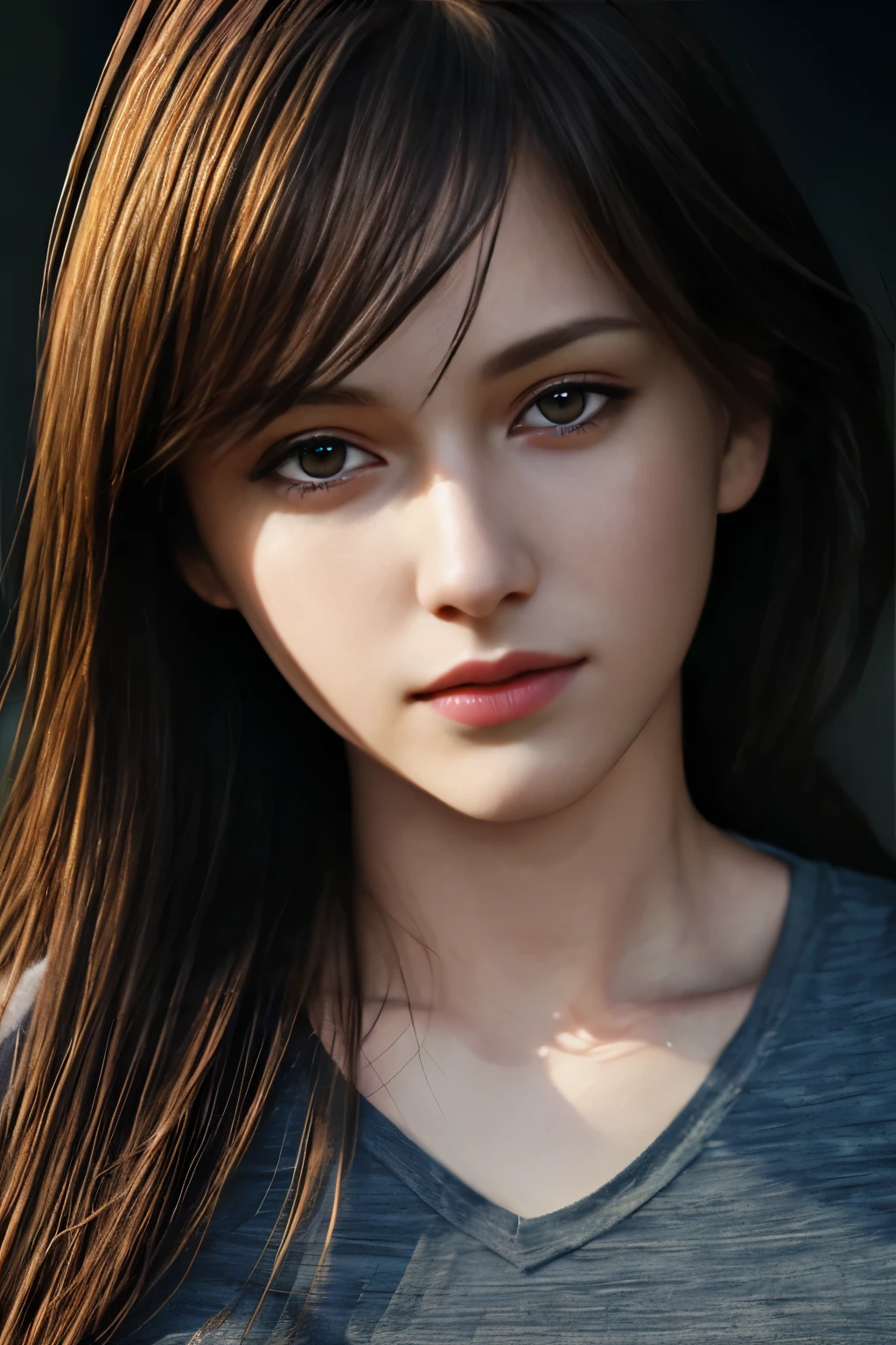 Best quality, masterpiece, ultra high res, (photorealistic:1.37), raw photo, 1girl, long hair, beautifull eyes,  beautifull face, detailed eyes and face, t-shirt, dynamic lighting, in the dark, deep shadow, low key, cowboy shot