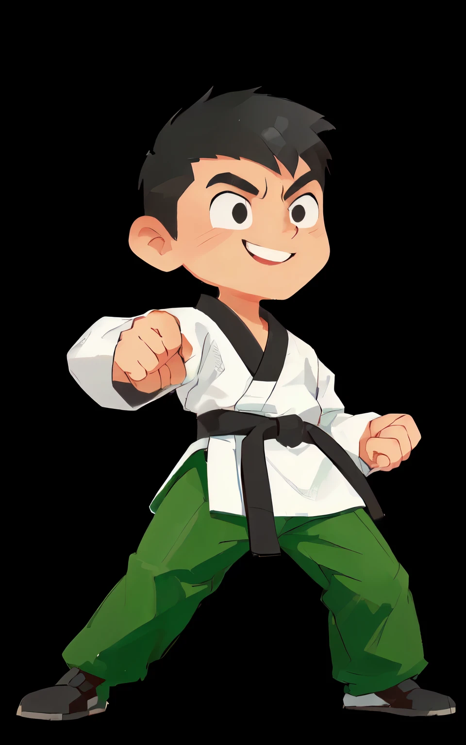cartoon karate boy with black belt and green pants, karate pose, martial art pose, fighting stance, doing martial arts, fighting game character, martial arts, cartoon style illustration, karate, fighting pose, cartoon illustration, fighter pose, karate kick, fighting stance energy, in a fighting stance, mma southpaw stance, in a fighting pose, fight pose, karate outfit, smiling brave face