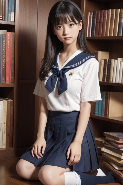 (highest quality、超A high resolution、8k、Raw photo、Ultra-high resolution:1.2、masterpiece:1.2)、(Realistic、Photorealistic:1.37)、Ultra-detailed、Professional Lighting、Photon Mapping、Radio City、Physically Based Rendering、Japanese、1 girl、solo、Black Hair、cute little、wonderful、cute、Normal breasts、A library full of books、I read a book、Japanese High 、(Japanese high school sailor uniform、Navy Pleated Skirt、White socks、Black Loafers)
