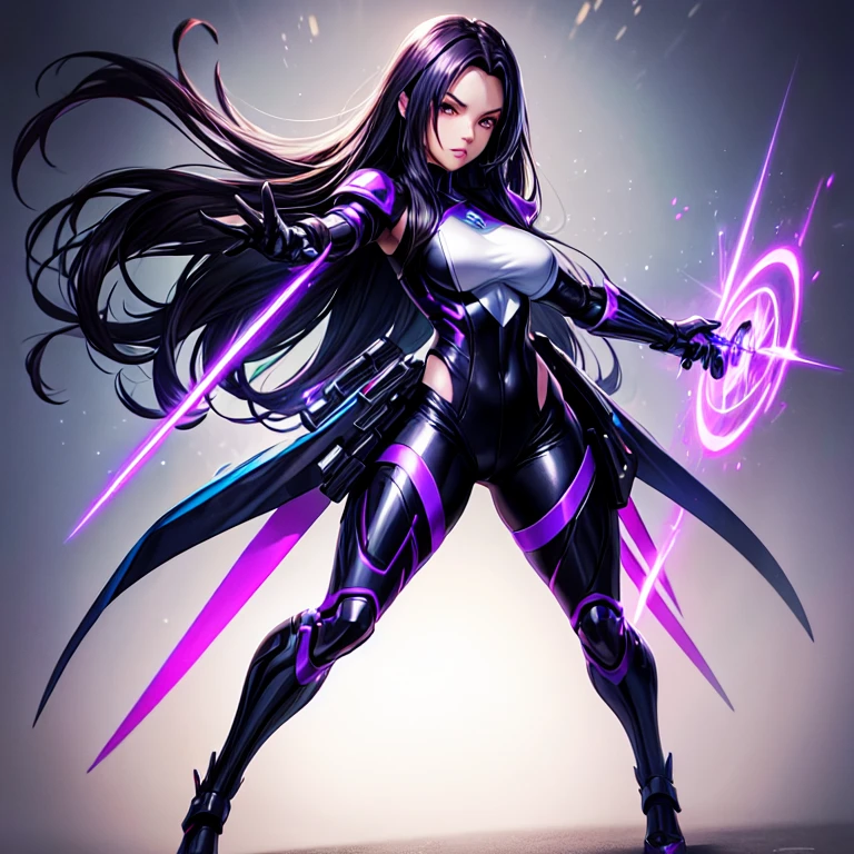 Create a vibrant and modern image with the title 'TrendRadarFusion' in the center. The background should be a dynamic gradient in shades of purple and electric blue, with an abstract design that suggests movement. Include a realistic person on the right side of the image, with a professional look and modern attire, observing a mobile device or screen showing graphics and trends. The person should have an expression of interest and enthusiasm. The title 'TrendRadarFusion' should be in a modern sans-serif font, with shimmer and shadow effects to highlight. Add graphic elements such as video icons, trending graphics and a stylized radar in the background, Complementing the trend theme."