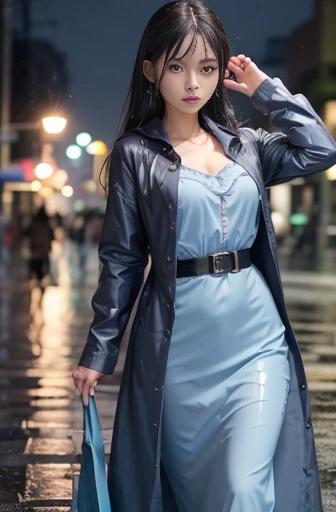 a lot of details, (slender waist), 30 years old, detailed black hair, beautiful detailed hair, super fucking beautiful, complex details beautiful and delicate eyes, perfect hands, (small breasts best quality), perfect and delicate limbs, detailed skin, best quality, ultra-detailed,
long focus, look up, walking motion, beautiful and detailed loong tail, beatiful detailed hair, angry, (Raincoat:1.2), (blue business suit),(gray long skirt), high heels, (detailed wet clothes:1.3), cyan color scheme Clothes, (It was raining hard at night:1.2), busy street, best illuminate,