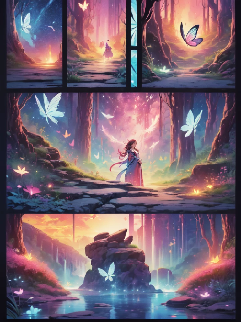 (((masterpiece))), (((best quality))), ((ultra-detailed)),(highly detailed CG illustration), ((an extremely delicate and beautiful)),cinematic light, Create a stunning fantasy artwork that mimics the style of currently trending masters of the genre. The art piece should contain elements of both mythic fantasy and fairytale fantasy with colorful accents. ((Utilize various shades of pink and watercolor pastels as the main color scheme.)) The character in the artwork is a delicate but strong figure with an aura of mystery and magic. Pay close attention to intricate facial features, such as mesmerizing eyes with vibrant colors and bold shading. The character's clothing should be designed with gossamer feathers, silk, stunning embroidery, and subtle iridescent details. Incorporate dreamy colors, dynamic lighting, and detailed background elements to create a sense of awe and immersion. Include colorful flying magical birds and jewel-toned butterflies radiating a magical aura. Consider the latest trends in fantasy art, such as incorporating unique lighting effects, exploring dynamic and compelling composition techniques, and experimenting with unique color palettes. Take inspiration from the top artists on ArtStation and Midjourney. Camera: Choose an angle that highlights the character's beauty and enhances the magical majesty of the artwork. Lighting: Utilize atmospheric lighting techniques to create depth and mood. Resolution: Aim for a high-resolution artwork to showcase intricate details and clarity. Art Inspirations: Seek inspiration from the trending artists on ArtStation, exploring different styles, genres, and themes.