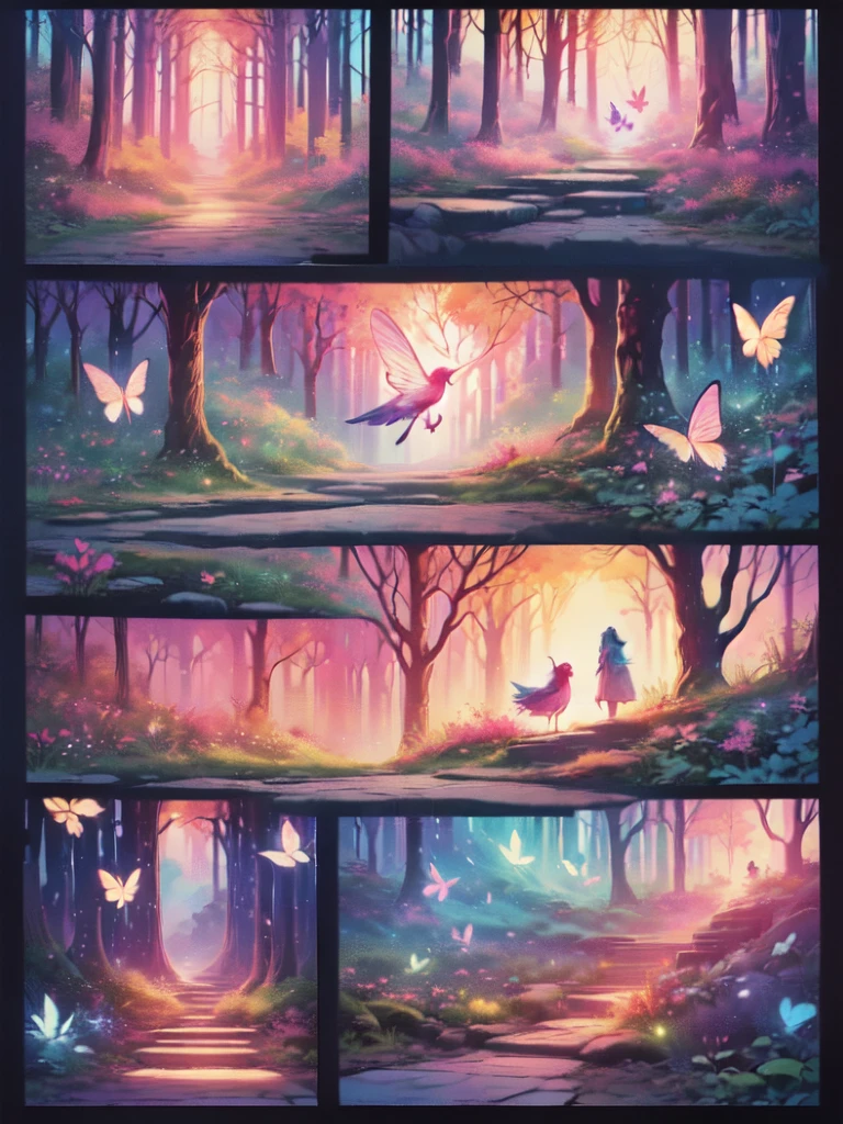 (((masterpiece))), (((best quality))), ((ultra-detailed)),(highly detailed CG illustration), ((an extremely delicate and beautiful)),cinematic light, Create a stunning fantasy artwork that mimics the style of currently trending masters of the genre. The art piece should contain elements of both mythic fantasy and fairytale fantasy with colorful accents. ((Utilize various shades of pink and watercolor pastels as the main color scheme.)) The character in the artwork is a delicate but strong  figure with an aura of mystery and magic. Pay close attention to intricate facial features, such as mesmerizing eyes with vibrant colors and bold shading. The character's clothing should be designed with gossamer feathers, silk, stunning embroidery, and subtle iridescent details. Incorporate dreamy colors, dynamic lighting, and detailed background elements to create a sense of awe and immersion. Include colorful flying magical birds and jewel-toned butterflies radiating a magical aura. Consider the latest trends in fantasy art, such as incorporating unique lighting effects, exploring dynamic and compelling composition techniques, and experimenting with unique color palettes. Take inspiration from the top artists on ArtStation and Midjourney. Camera: Choose an angle that highlights the character's beauty and enhances the magical majesty of the artwork. Lighting: Utilize atmospheric lighting techniques to create depth and mood. Resolution: Aim for a high-resolution artwork to showcase intricate details and clarity. Art Inspirations: Seek inspiration from the trending artists on ArtStation, exploring different styles, genres, and themes.