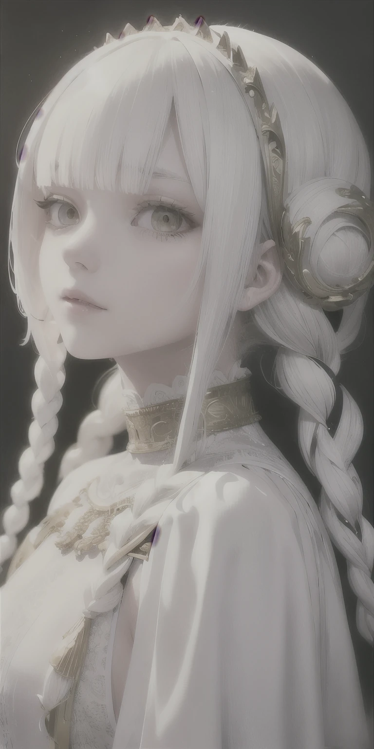 best qualityer, work of art,White hair, gold eyes,white clothes, looking up, trunk,lock of hair,skin fair,side braids, naughty man, male, 8K