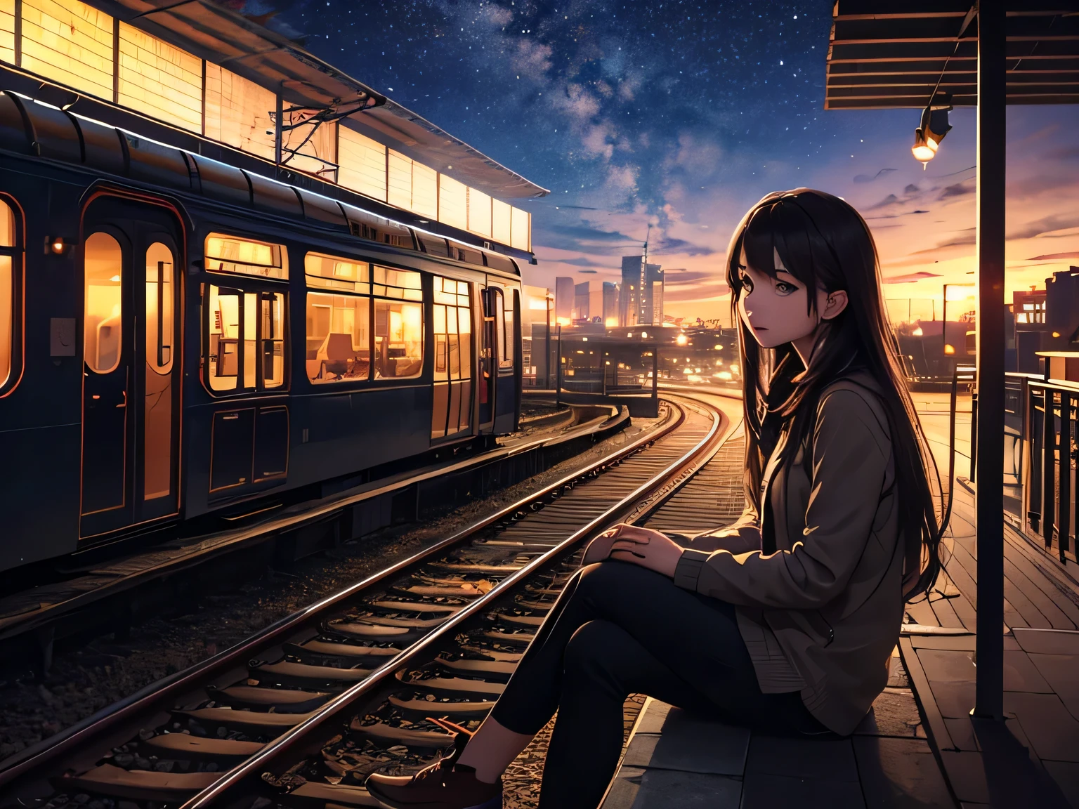 Top Quality, Masterpiece, High Resolution, 1girl, waiting for trains, lonly, Beautiful Face, Photorealistic, (High Detail Skin: 1.2), DSLR, Soft Lighting, High Quality, octans, sky, star (sky), scenery, starry sky, night, 1girl, night sky, solo, outdoors, building, cloud, milky way, sitting, tree, long hair, city, silhouette, cityscape
