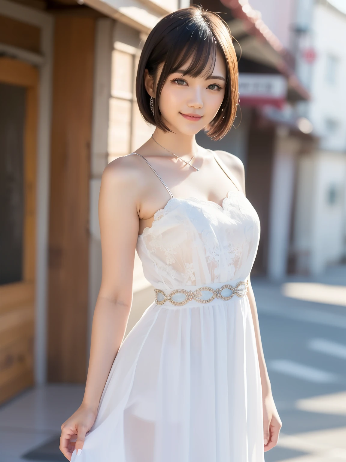 (highest quality:1.5)、(Real:1.5)、(1 person:1.5)、Buckshot、Medium Shot、Looking back pose、(Very detailed)、(High resolution)、8k、Small breasts、Natural color lip、Cute smile、Japanese women、20 year old girl、Thin eyebrows、Beautiful and elegant face、Cute face、Cute eyes、Large, balanced eyes、Big Eyes、Fair skin、Beautiful and elegant face、Natural Bangs、Beautiful and thin nose、 Beautiful Skin、Medium Bob Hair、Natural Bangs、Perfect and beautiful facial features、Slim face and figure、（With a cute expression）、（Bright lighting）、Professional Lighting、（Lighting from the front）、Adorable smile、cute、Beautiful shoulders、Simple Background、Outdoor、Poses that show off your beautiful back、(dress)、(ミニスカートのdress)、Beautiful shoulders甲骨、Upper Body、Open your back、Show your back、ウェディングdress、garter belt、stockings、