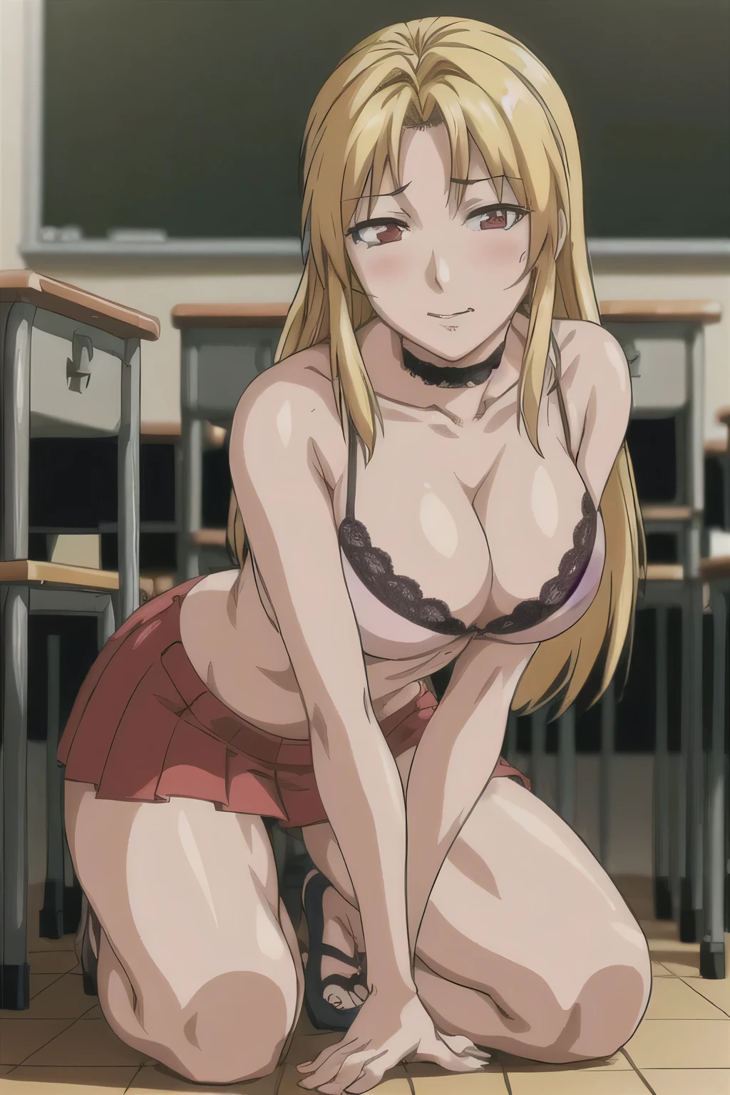 masterpiece, best quality, highres, 2girl kaori saeki, micro ruffle skirt, red lace bra, black choker , classroom, full body shot, (smug:0.3), looking at viewer, focus solo, sexy pose, mature, flip flops, detailed feet, busty, cleavage, blonde, long hair, red eyes, dangling shoe, kneeling, seducing, kissing, nasty, elegant, nose blush,