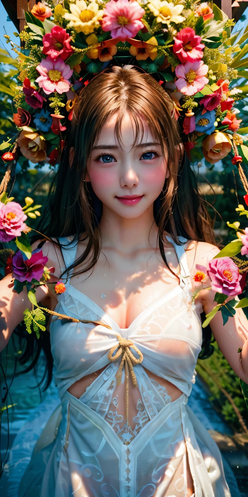 Lots of flowers々、Blonde Hairs, Brunette Girl, big Smile, Super beautiful sparkling eyes、Girl hanging from ceiling with arms tied with rough rope、Sweat、The rope bound her body、Wet body、Rough rope digging into ??????、A large amount of liquid flows out from the groin、One leg is suspended above by a rough rope、Tied up with rope、Tightly bound、My hands are tied、Feet dangling from ???????? (8K, Live Shooting, Highest quality, masterpiece: 1.4), Ultra-fine mesh, (Realism, Photorealistic: 1.48), masterpiece、最high quality、Super detailed、8K、Detailed light、Detailed Shadows、Raw、(Detailed skin)、(Realism: 1.2)、18 years old、Long Hair、White lace ?????????、In the torrential rain, masterpiece, 最high quality, Ultra-high resolution, (Realistic:1.4), Beautiful face in every detail, high qualityの衣類, Amazing European Women, Wearing a white tank top, very cute, Portraiture, 肌が柔らかくてPerfect Face、Perfect Face, Shoot your hair, 8k resolution,Super Realistic,Very detailed,high quality, (Small ???????:1.5), Broad perspective