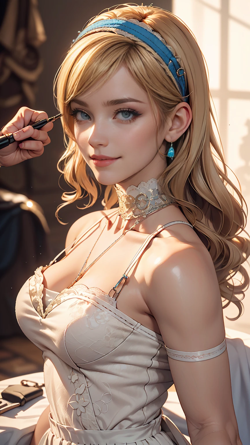 (8K, RAW Photos, highest quality, masterpiece:1.2), (Realistic, photo-Realistic:1.37)、Venus Body、Having her hair done、My chest is popping out、Wear accessories on your wrist、Wearing accessories on the ankle、Background blur((depth of field)、smile、White woman、Platinum Blonde、blue eyes、Vertical roll on one side((side drill))、high neck halter(high neck halter)wear、Wear mules、smile、Headband((hairband))、Wear a lace choker、Colored eyelashes((colored eyelashes))、Brush your hair back