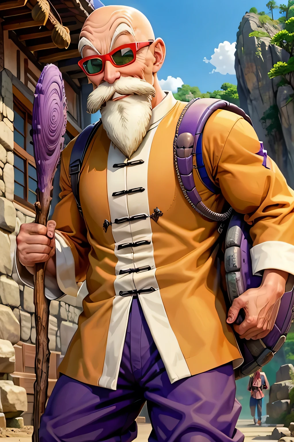 best quality, masterpiece,realistic,photorealistic,  muten roushi, facial hair, smiling shyly with blood running down his nose.1boy, male focus, solo,((chinese clothes)), bald, old man, beard, sunglasses, white hair, (purple turtle shell), mustache, arm behind back, standing, full body, (holding staff), red-framed eyewear, orange jacket, (blue pants), cliff, tree, blue flats, backpack, green-tinted eyewear (brown staff),long sleeves, 