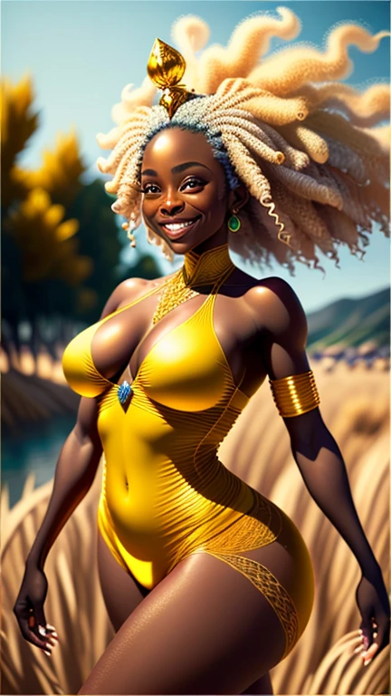 (best quality, 4k, 8k, high resolution, masterpiece: 1.2), ultra detailed, (realistic, photorealistic, photorealistic: 1.37), (best quality, realistic),
Woman (35 years old, Nigerian, extremely beautiful) (Goddess), hyper-realistic expression, outfit (sexy women's lingerie, lace, golden yellow (typical Nigerian, highly detailed, (tight to the body), showing the lines of the body)) , beautiful crown, beautiful smile, cheerful on her face, in a field, a small stream off the coast, big breasts, perfect body, thick muscular legs, great cleavage, A Goddess,
best quality,artwork,ultra high resolution,(photorealistic:1.4),raw photo,(authentic skin texture:1.3),(film grain:1.3),(expression)((whole body:1.3)) (( smile:1.3))
,Cinematic, excellent lighting), raw style, natural lighting, subtle shadows, expressive face, fresh and vibrant colors, hair flowing with movement, airy and light atmosphere, inspiring and vibrant empowering. - raw style, afrofuturism