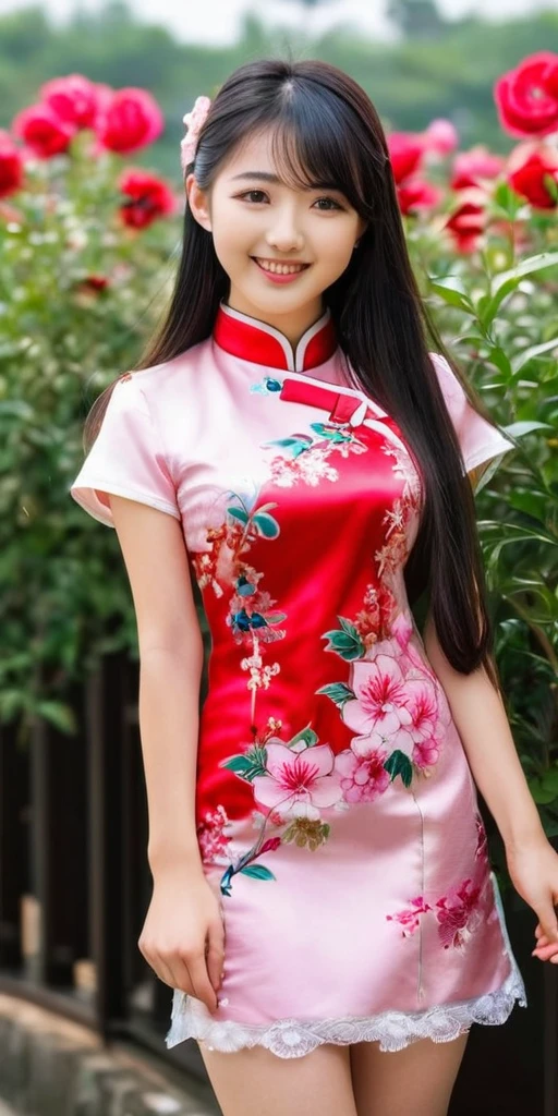 ((16k,super highest quality,Ultra-high resolution,masterpiece,Realistic,Realistic,Very detailed)),Young, adorable and cute 16 year old〜20 year old girl,Full body photo,Full body angle,Esbian all over,Baby Face,single eyelid,Long legs,Thin legs,Thin thighs,Beautiful hands and feet,chest,Cute smile,Adorable smile,nice smile,Rose garden in the background,Long Straight Hair,Iris,Black Hair,A lovely, beautiful and childlike Japanese girl,With a young body,Slim waist,((Modern Chinese traditional dress for women mini cheongsam,Sexy Chinese Dress,Chinese Dress Sexy ta Dress,))