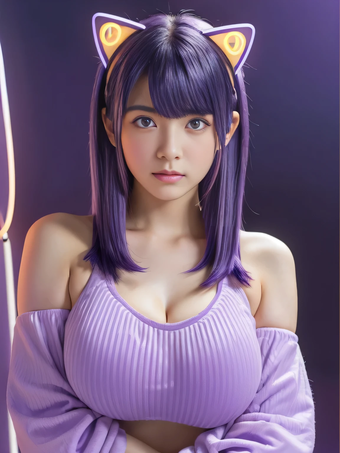 ,13 years old, junior high school girl, (huge breasts:1.4)、(Neon Purple Theme:1.2), masterpiece, highest quality, 4K, (Realistic), Bokeh, Awareness-raising,(1 perfect portrait of a girl), (A fascinating eye for perfect detail:1.2), Colorful Hair, (Gradient Hair), (Neon purple soft hair:1.6), (Cat ear:1.2), Fantasy Background, (Exposed bare shoulders), (Long-term alienation sleeve), (Lean forward slightly), Tilt your head, (Cinema Lighting:1.2), Larger clothes, (Seductive pose:1.4), (Neon Purple Background:1.6), beautiful purple eyes, close,