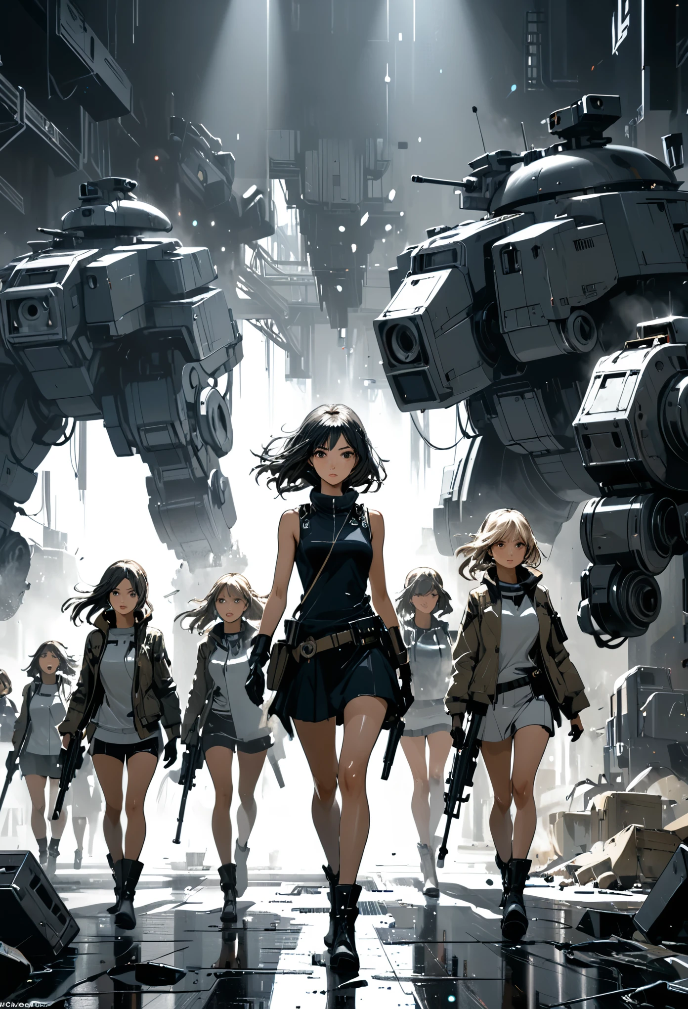 (solo fucos:2.0),Masterpiece,Best Quality,Hyper Detailed,Cinematic Light,Intricate Detail,Highres,Official Art,Finely Detailed,High Resolution Illustration,8k,Dark Intense Shadows,Detailed Background,in style of Ashley Wood,(Multiple Girls:2.0),Dynamic Action,Animated emoticons,Heavy weapons,poster design,