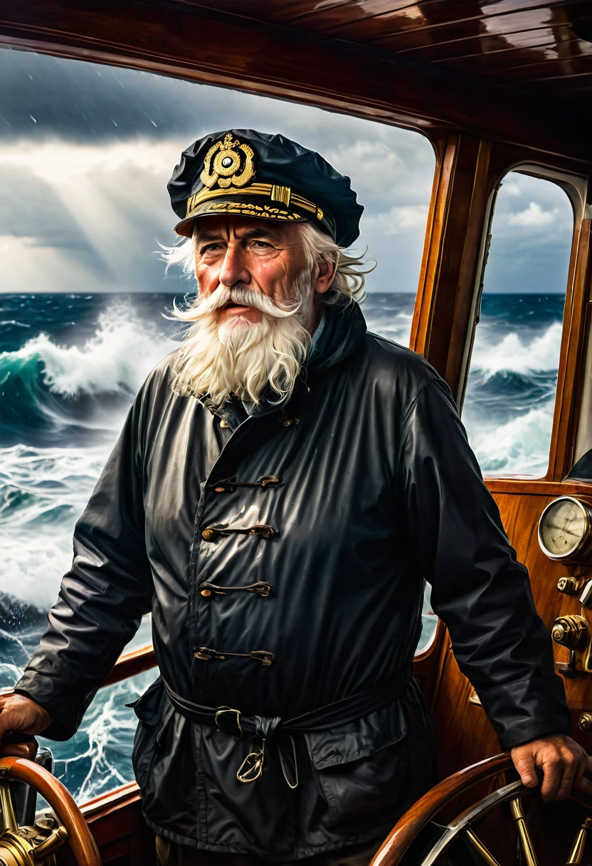 ((an old fisherman with white hair and a white beard, standing at the helm in the wheelhouse of his pilothouse boat and steering it through the rough stormy sea)), (Rain lashes against Pilothouse Window:1,2), heavily tanned face, deep facial wrinkles, he is wearing a fisherman's cap and has a tobacco pipe in his mouth from which smoke is rising, huge waves, rough waves, God's rays, foaming water, dramatic light, ray tracing,
