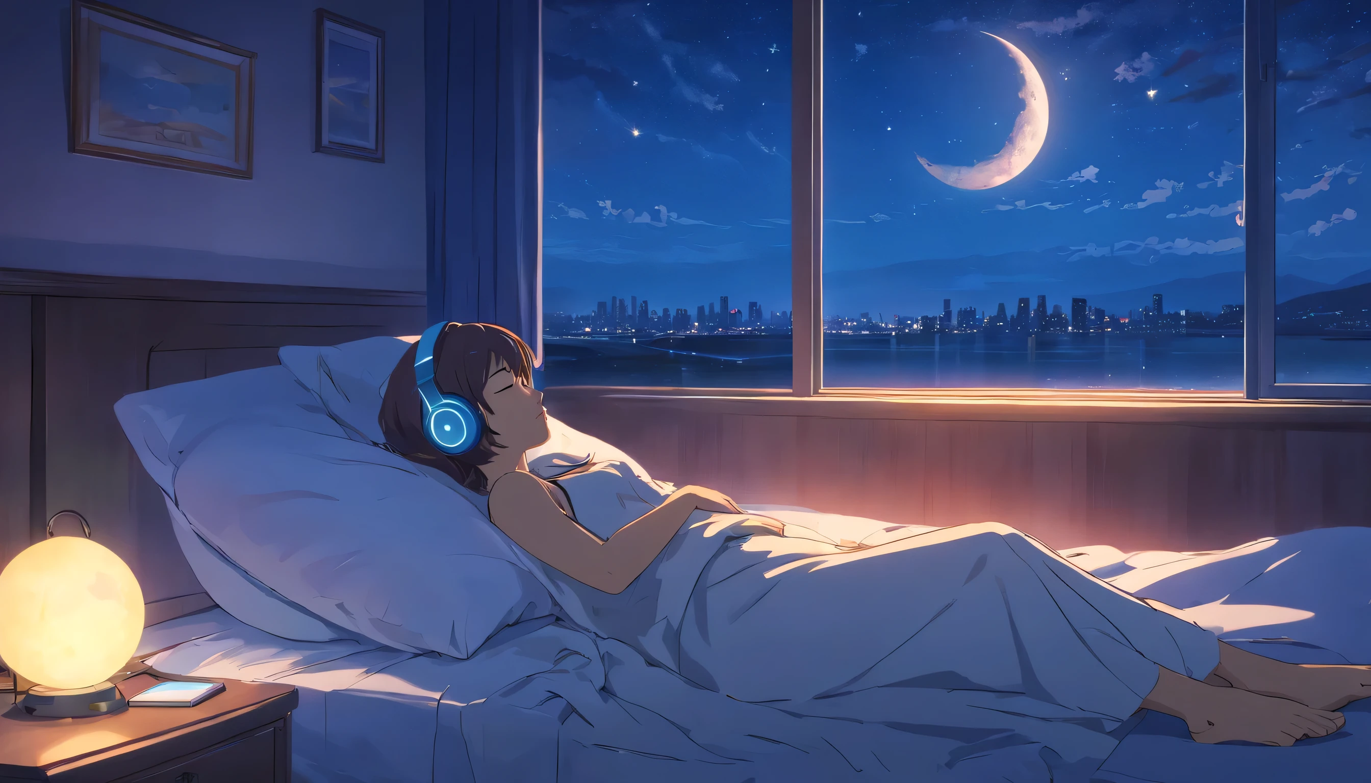 (masterpiece) A girl (woman) Sleeping in bed, In her bed, Wearing headphones,  Window showing the moon and stars, calm, peaceful, thinking, ish, Color Grading, Nice color coding,