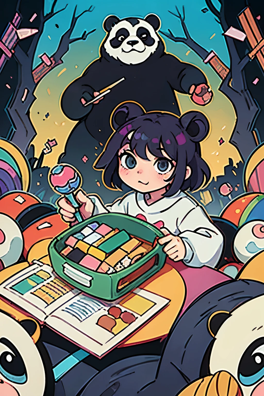Masterpiece, coloring-book, lineart, perfect lineart, comic style, busy bustling panda metropolis