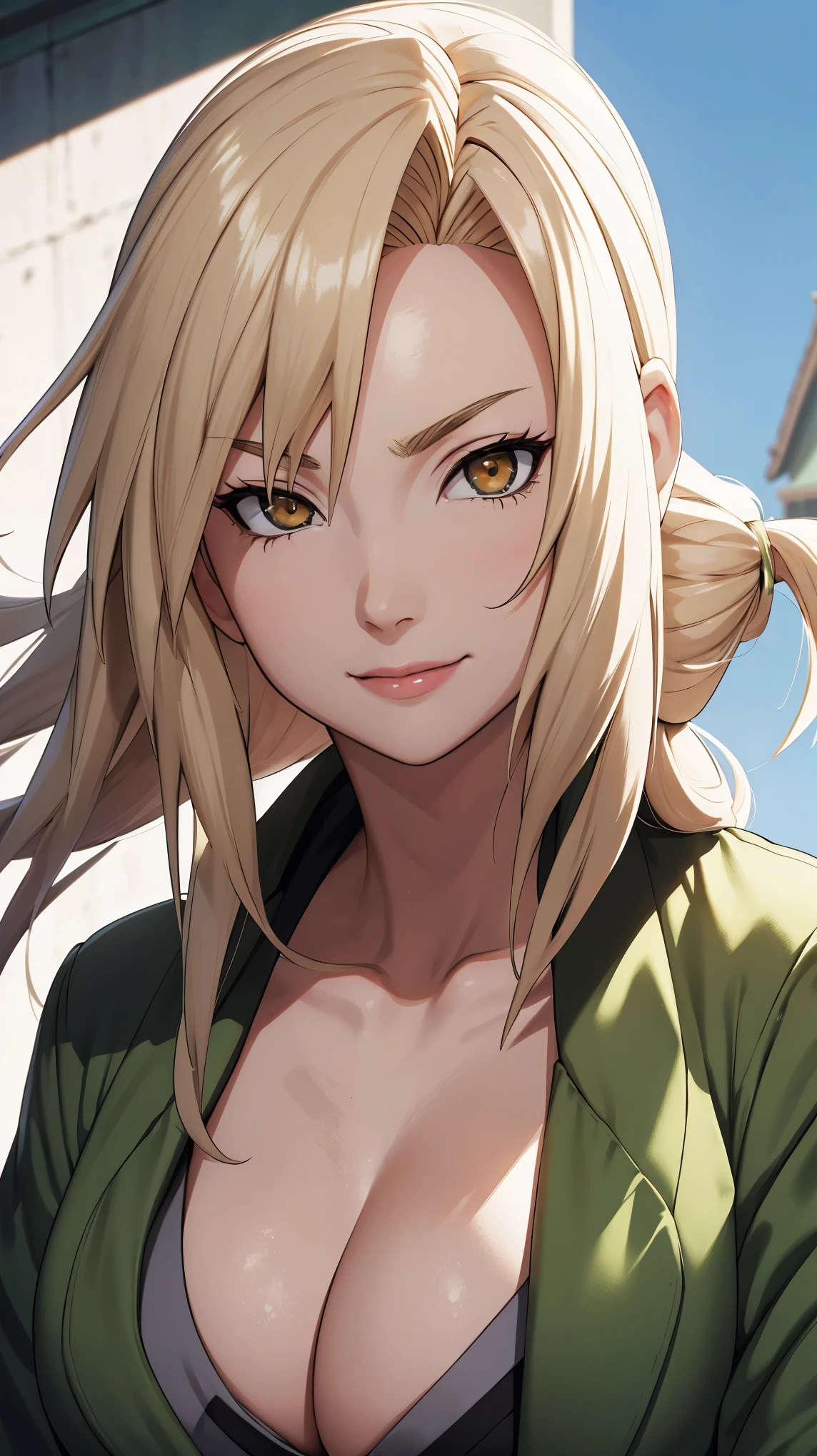 tmasterpiece，blond hairbl，Green coat，Golden eyes，ssmile，slightly fat big breasts，Be red in the face，Headwinds and sagging，best qualtiy，The is very detailed，Bust photo，Get close to the lens，Top-down view，with a good figure，