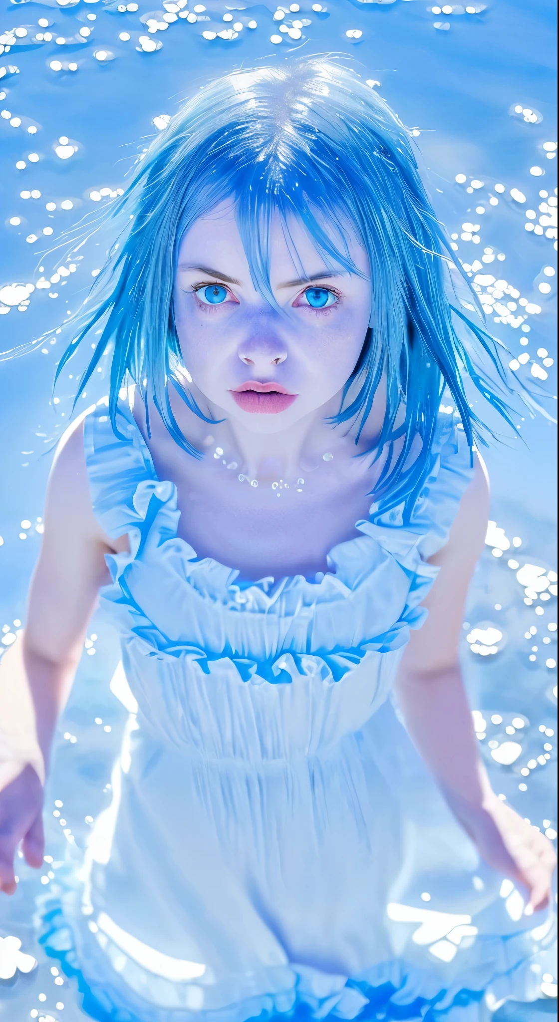 Absurd, High resolution, (Official Art, beautifully、aesthetic:1.2), (Shortsighted:1.15), (One girl, Blue Hair, Medium Hair, blue eyes, Bright Eyes, long white dress, Blue frills,:1.2) blue sky, Sparkling Galaxy, (Uyuni salt lake:1.2), (Fractal Art:0.8), water effects, Ripple effects, (Flower effect: 0.65), Light effects,