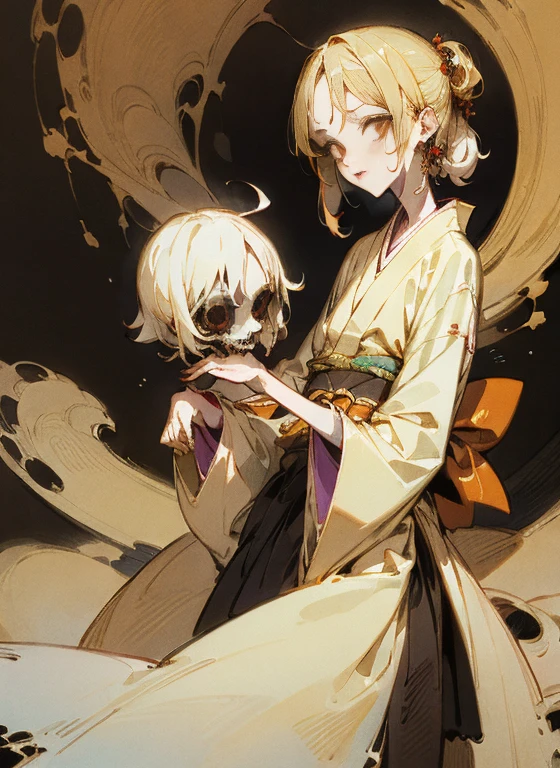 (masterpiece), (High resolution), (Very delicate), (masterpiece: 1.2, highest quality), ((pierce;Put your hands forward)), scribble, nightmare, Doll-like face, Manga style, rough sketch, Manga styleイラスト, (Horror elements), Japanese painting, whole body,(snap shot), (Spooky), Japan sculpture,old picture scroll style, old staging, Ancient mural style, crazy illustration, Dark atmosphere, Flat Illustration, Spookyな外観, A very distinctive hairstyle, disheveled blonde hair、creative accessories, Unique atmosphere、Punk Kimono、Girl punching
