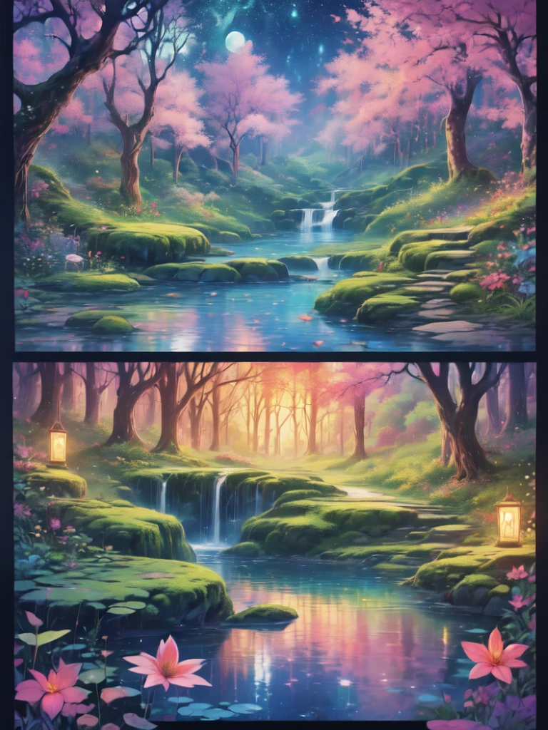 (best quality,4k,8k,highres,masterpiece:1.2),ultra-detailed,(realistic,photorealistic,photo-realistic:1.37),moonlit priestess, tropical oasis, magical pond, nocturnal mysteries, ethereal enchantment, traditional watercolor painting, lush green foliage, shimmering moonlight reflection on the water, mysterious ancient statues, soft candlelit glow, vibrant tropical flowers, serene and tranquil ambiance